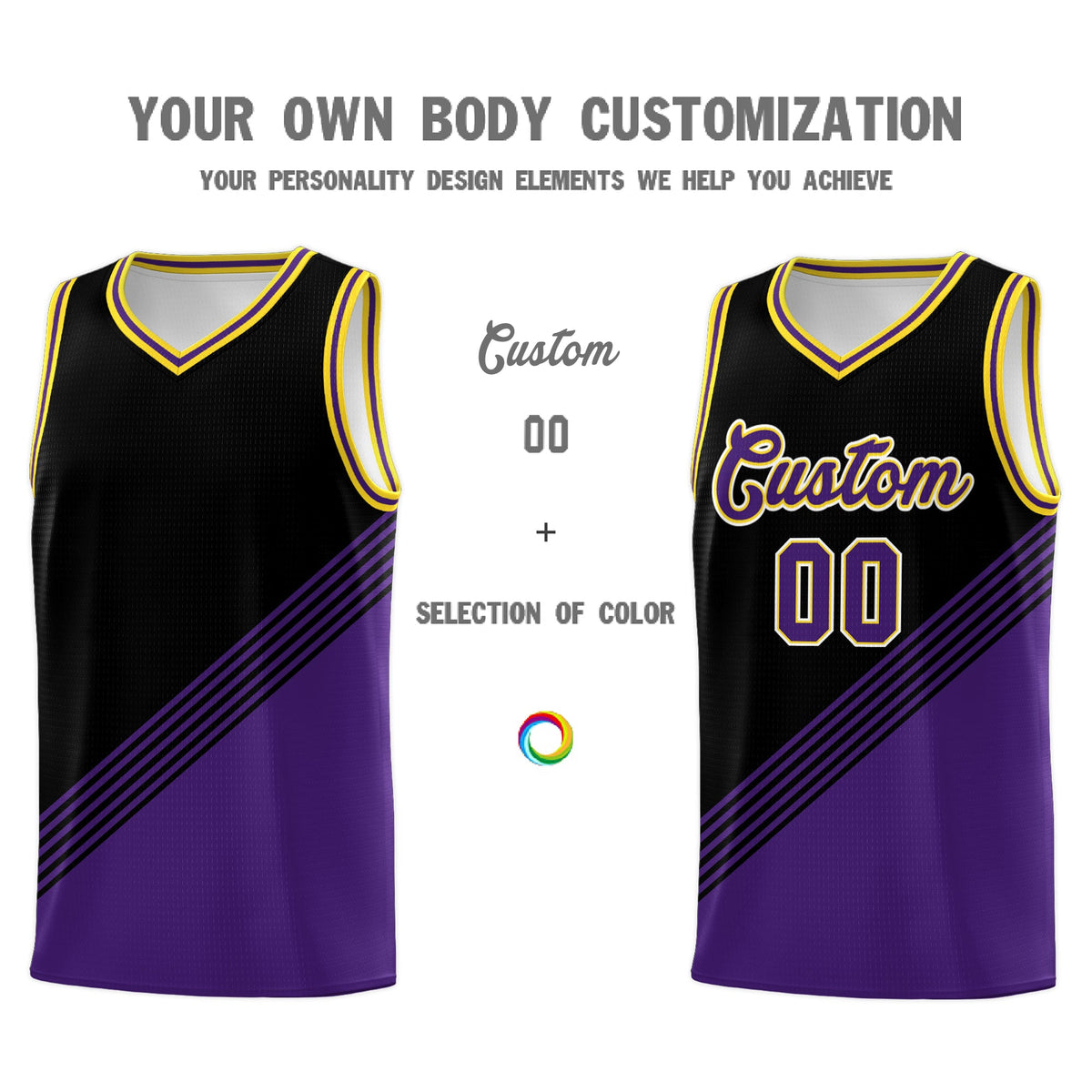 Custom Black Purple Gold Diagonal Stripes Color Block Sets Basketball Jersey | For Men,For Youth,Sublimation Printed,Perfect for Training,Perfect for Teams | KXKSHOP