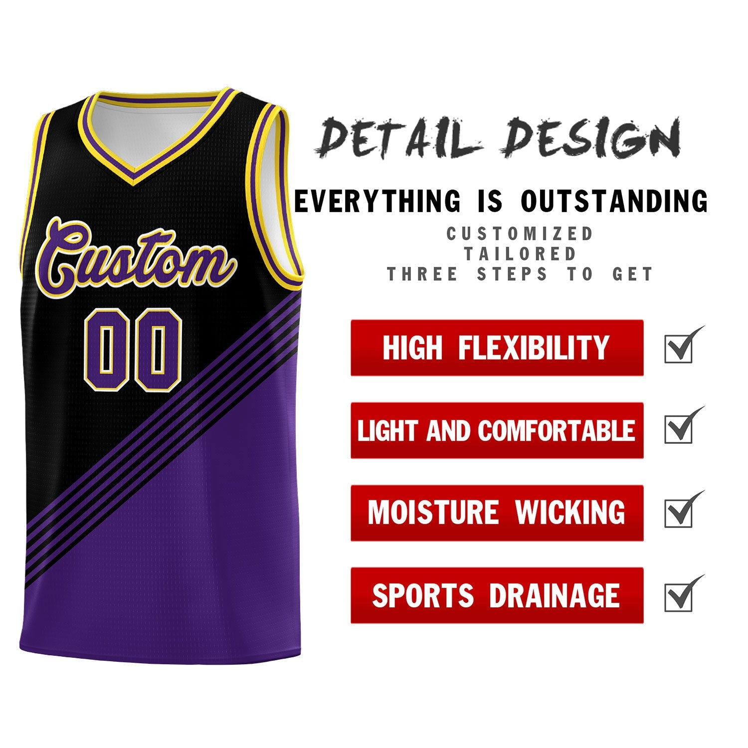 Custom Black Purple Gold Diagonal Stripes Color Block Sets Basketball Jersey | For Men,For Youth,Sublimation Printed,Perfect for Training,Perfect for Teams | KXKSHOP