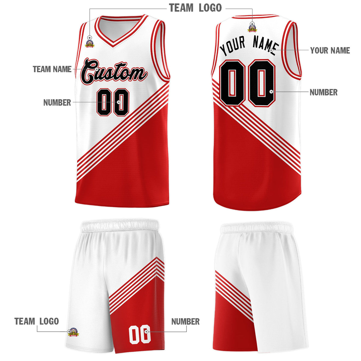 Custom White Red Diagonal Stripes Color Block Sets Basketball Jersey | For Men,For Youth,Sublimation Printed,Perfect for Training,Perfect for Teams | KXKSHOP