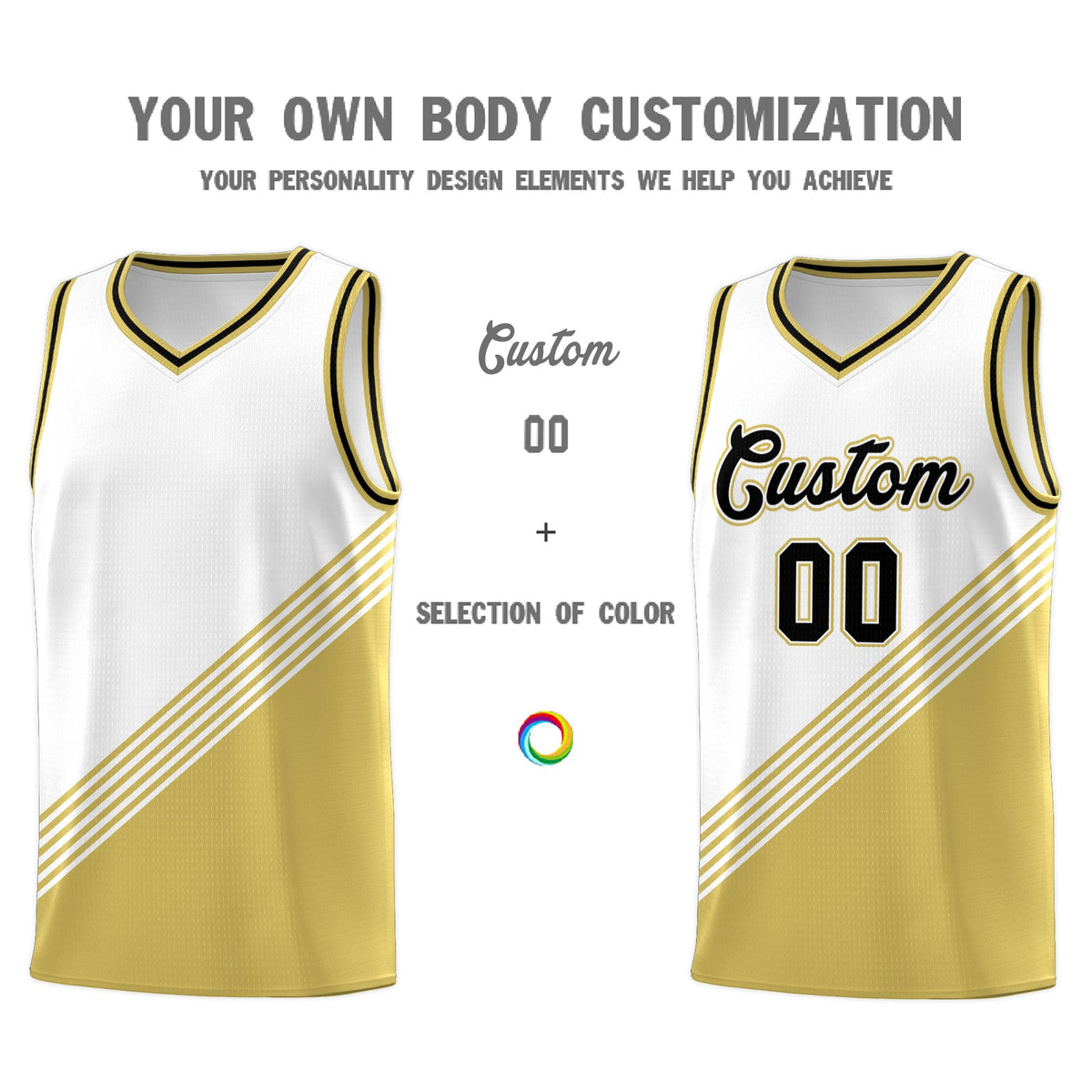 Custom White Old Gold Black Diagonal Stripes Color Block Sets Basketball Jersey | For Men,For Youth,Sublimation Printed,Perfect for Training,Perfect for Teams | KXKSHOP