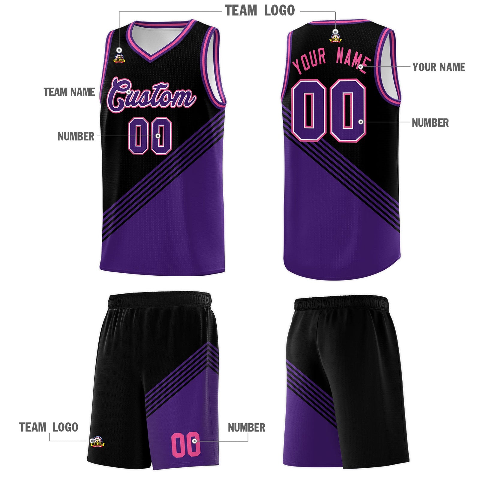 Custom Black Purple Pink Diagonal Stripes Color Block Sets Basketball Jersey | For Men,For Youth,Sublimation Printed,Perfect for Training,Perfect for Teams | KXKSHOP