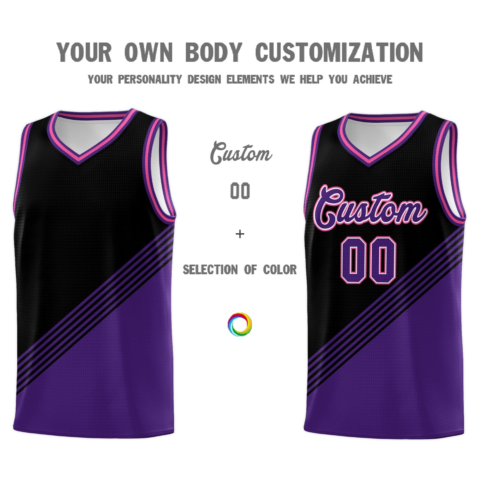 Custom Black Purple Pink Diagonal Stripes Color Block Sets Basketball Jersey | For Men,For Youth,Sublimation Printed,Perfect for Training,Perfect for Teams | KXKSHOP