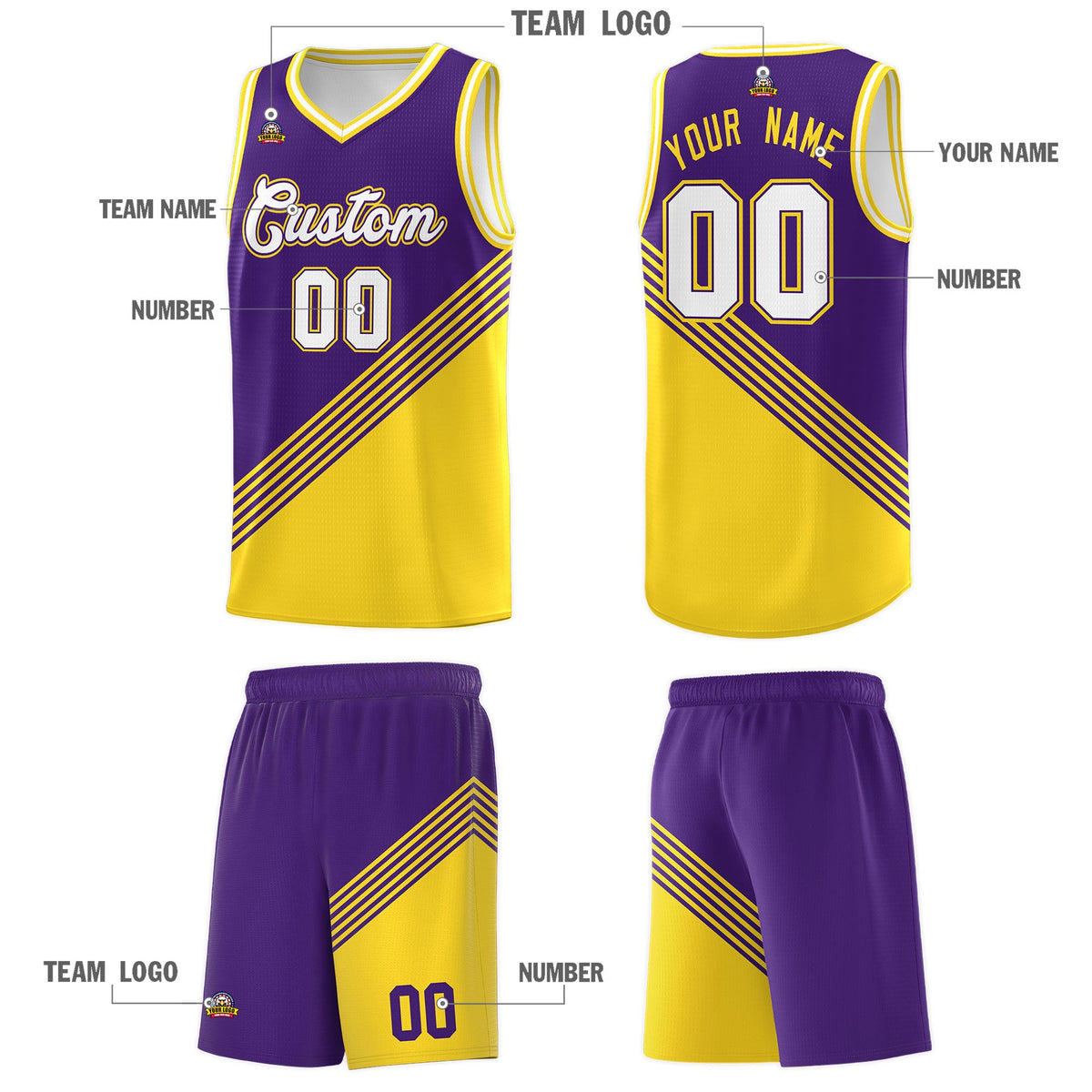 Custom Purple Gold White Diagonal Stripes Color Block Sets Basketball Jersey | For Men,For Youth,Sublimation Printed,Perfect for Training,Perfect for Teams | KXKSHOP