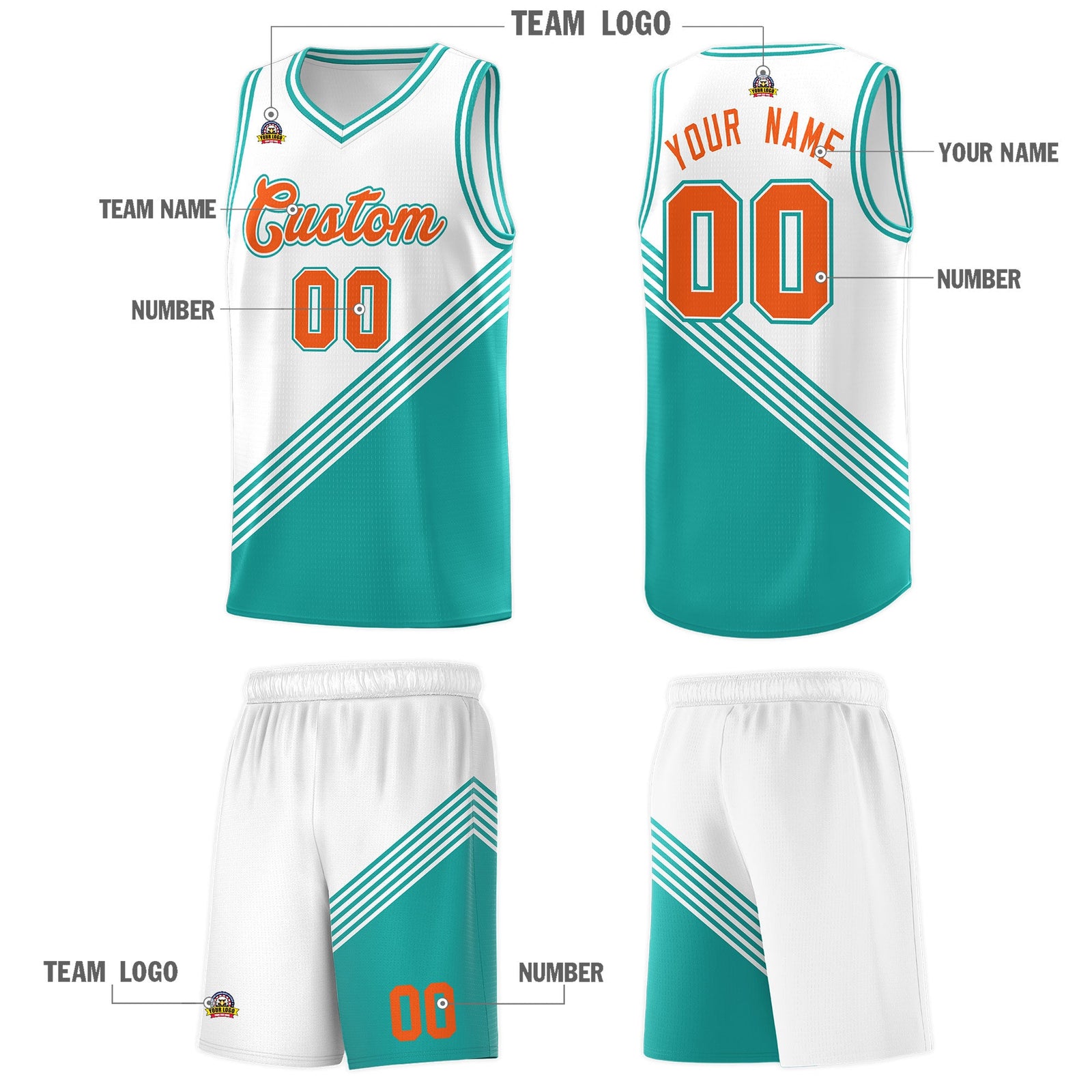 Custom White Aqua Diagonal Stripes Color Block Sets Basketball Jersey | For Men,For Youth,Sublimation Printed,Perfect for Training,Perfect for Teams | KXKSHOP