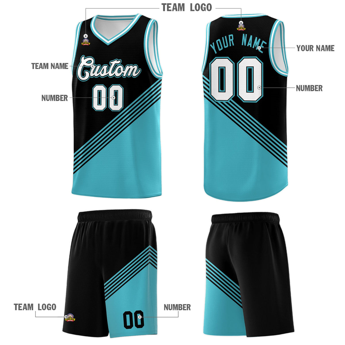 Custom Black Sky Blue White Diagonal Stripes Color Block Sets Basketball Jersey | For Men,For Youth,Sublimation Printed,Perfect for Training,Perfect for Teams | KXKSHOP