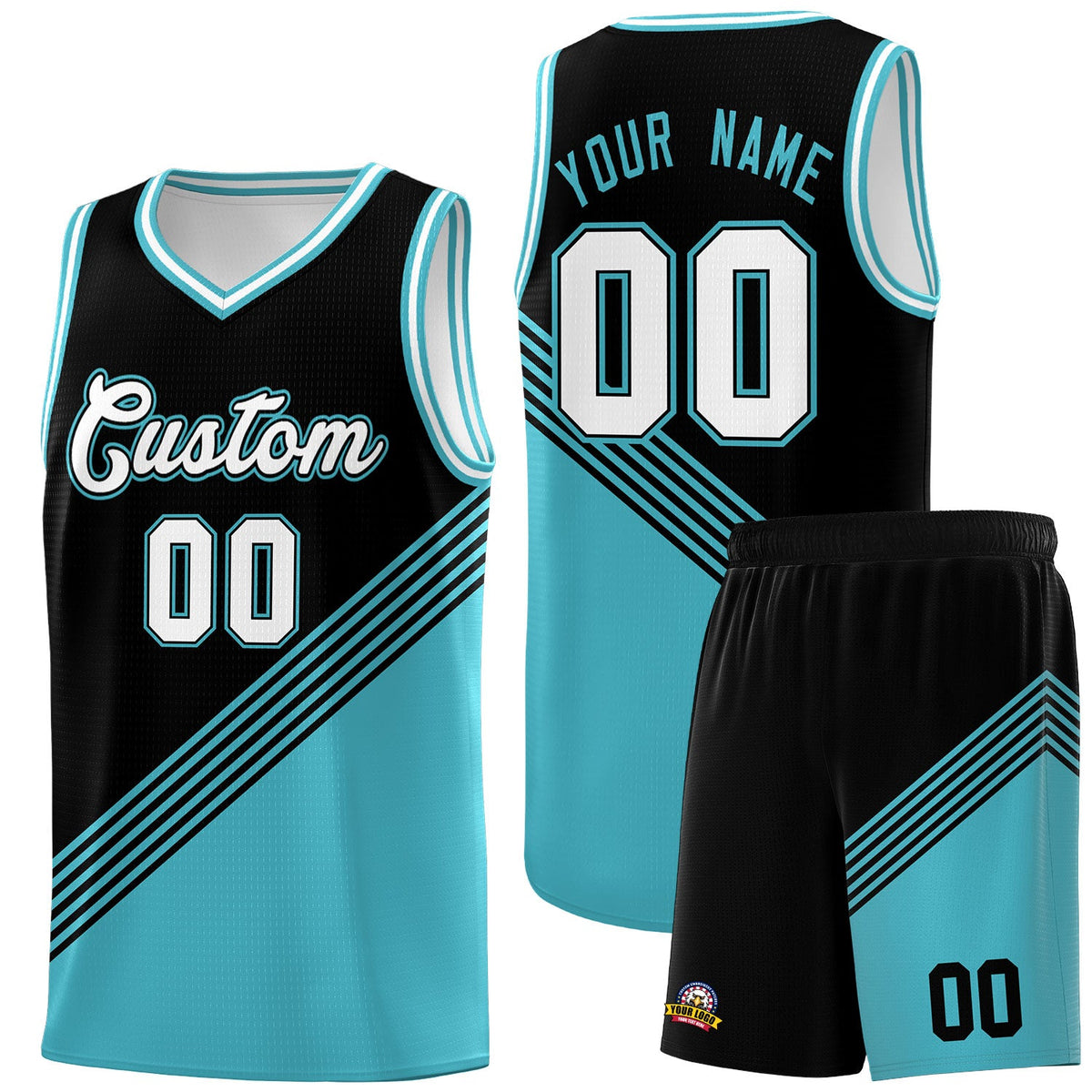 Custom Black Sky Blue White Diagonal Stripes Color Block Sets Basketball Jersey | For Men,For Youth,Sublimation Printed,Perfect for Training,Perfect for Teams | KXKSHOP