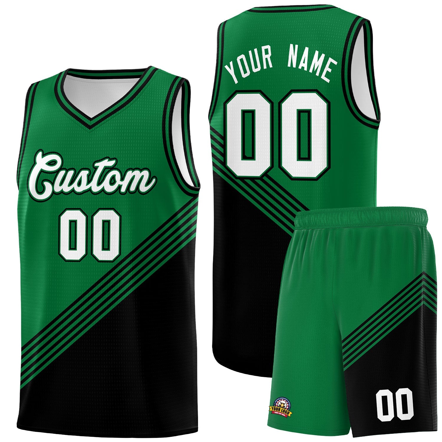 Custom Kelly Green Black Diagonal Stripes Color Block Sets Basketball Jersey | For Men,For Youth,Sublimation Printed,Perfect for Training,Perfect for Teams | KXKSHOP