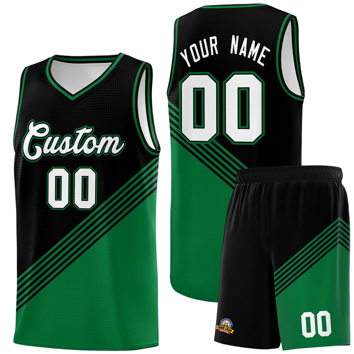 Custom Black Kelly Green Diagonal Stripes Color Block Sets Basketball Jersey | For Men,For Youth,Sublimation Printed,Perfect for Training,Perfect for Teams | KXKSHOP
