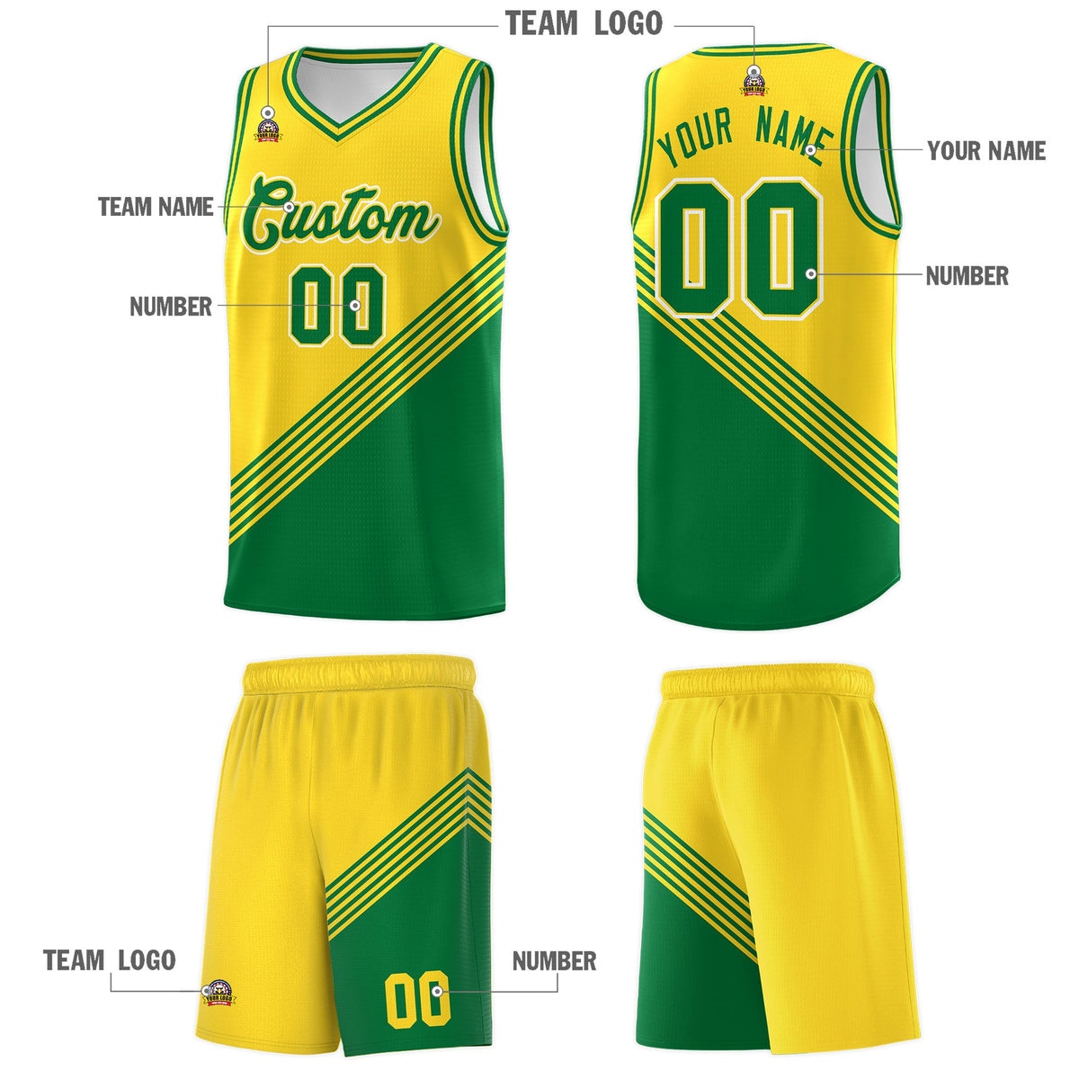 Custom Gold Kelly Green Diagonal Stripes Color Block Sets Basketball Jersey | For Men,For Youth,Sublimation Printed,Perfect for Training,Perfect for Teams | KXKSHOP
