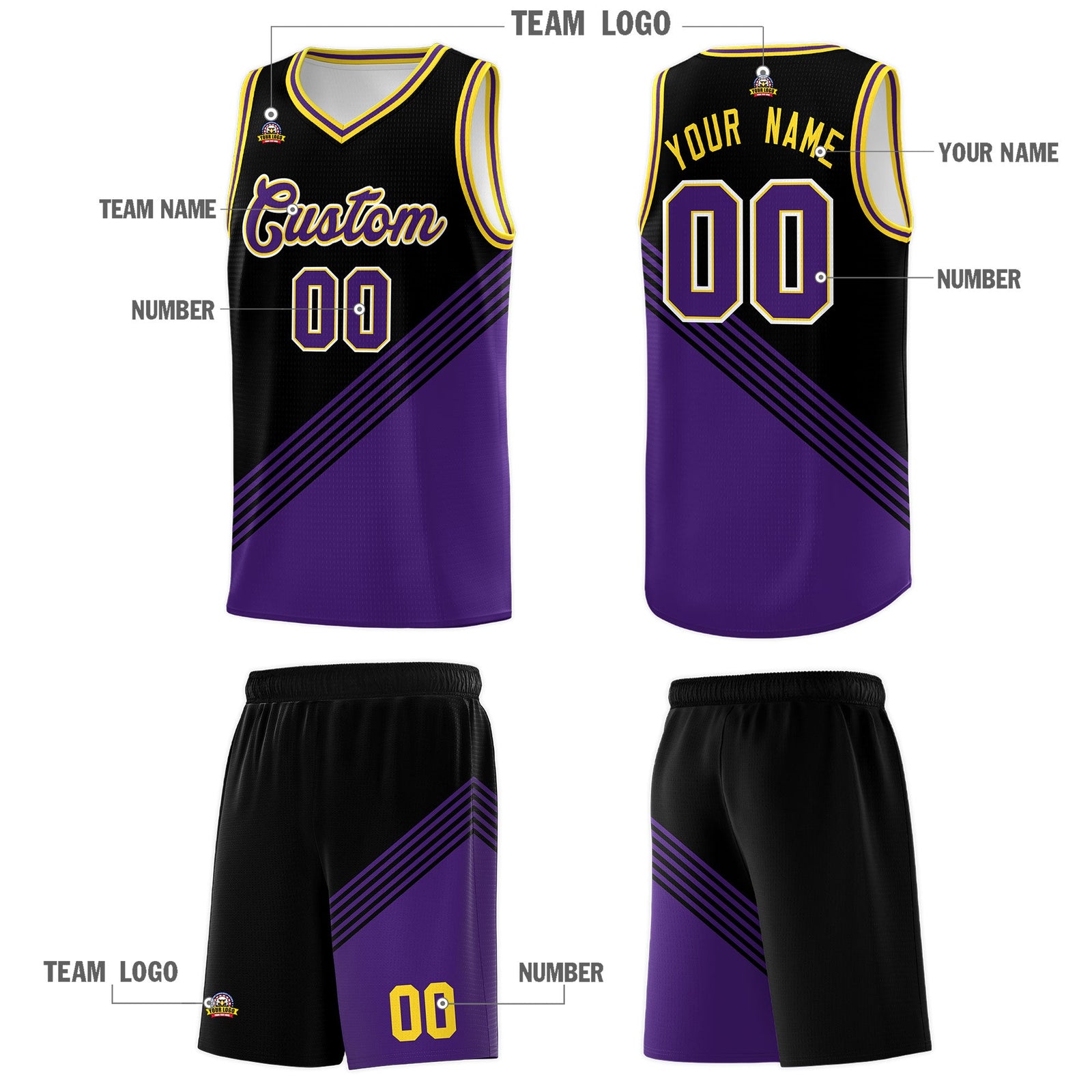 Custom Black Purple Gold Diagonal Stripes Color Block Sets Basketball Jersey | For Men,For Youth,Sublimation Printed,Perfect for Training,Perfect for Teams | KXKSHOP