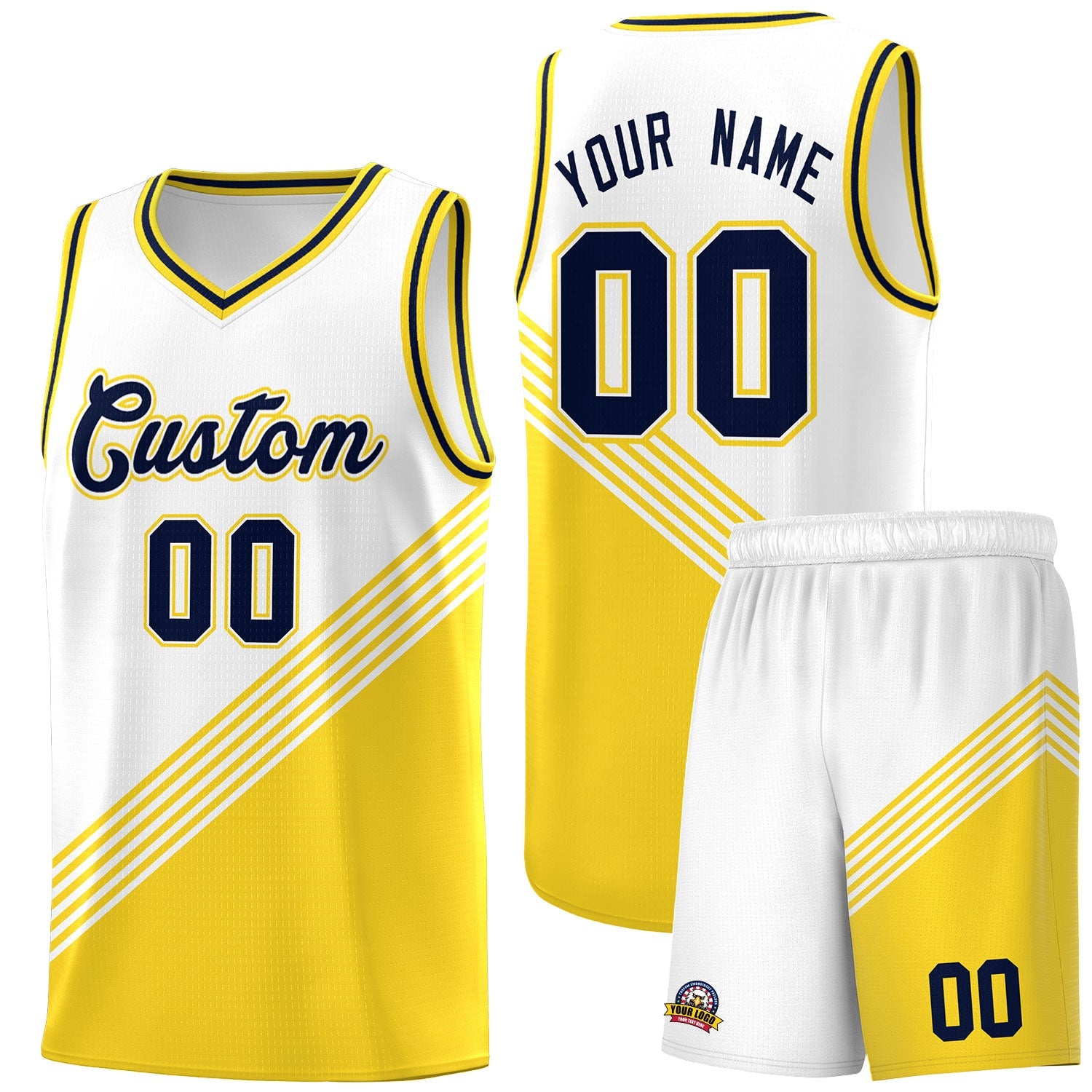 Custom White Gold Navy Diagonal Stripes Color Block Sets Basketball Jersey | For Men,For Youth,Sublimation Printed,Perfect for Training,Perfect for Teams | KXKSHOP