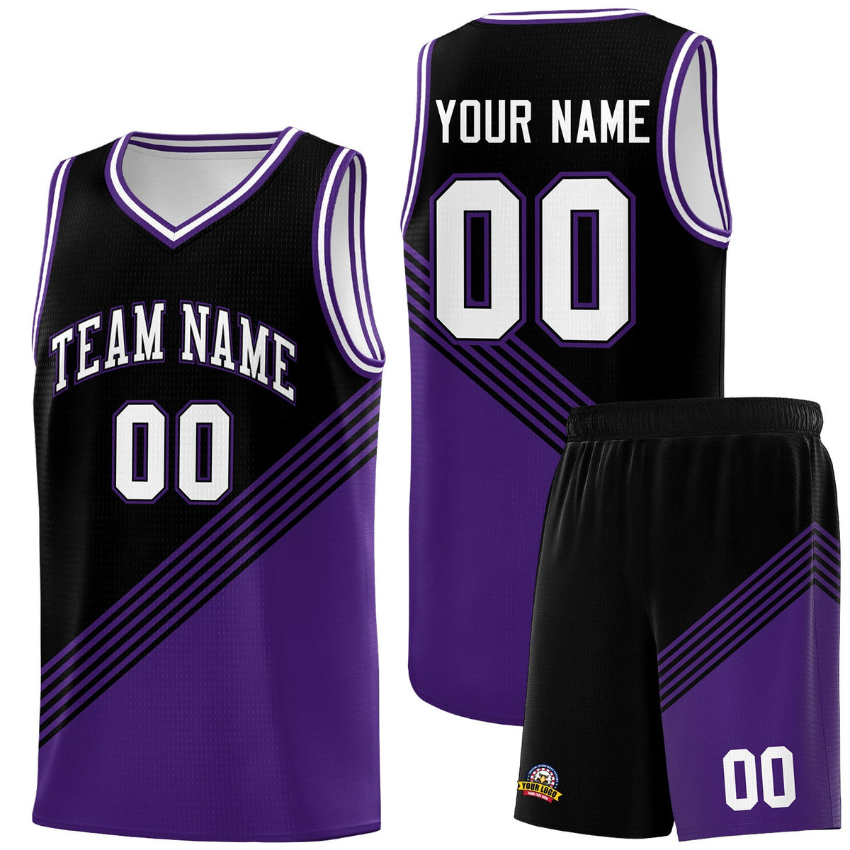 Custom Black Purple White Diagonal Stripes Color Block Sets Basketball Jersey | For Men,For Youth,Sublimation Printed,Perfect for Training,Perfect for Teams | KXKSHOP