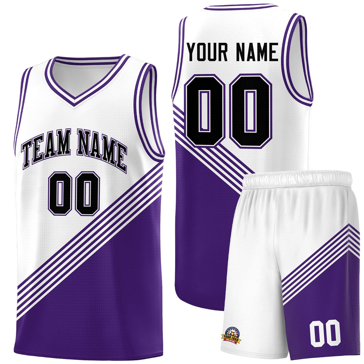 Custom White Purple Diagonal Stripes Color Block Sets Basketball Jersey | For Men,For Youth,Sublimation Printed,Perfect for Training,Perfect for Teams | KXKSHOP