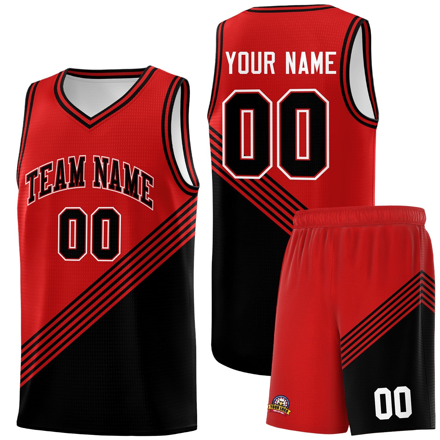 Custom Red Black Diagonal Stripes Color Block Sets Basketball Jersey | For Men,For Youth,Sublimation Printed,Perfect for Training,Perfect for Teams | KXKSHOP