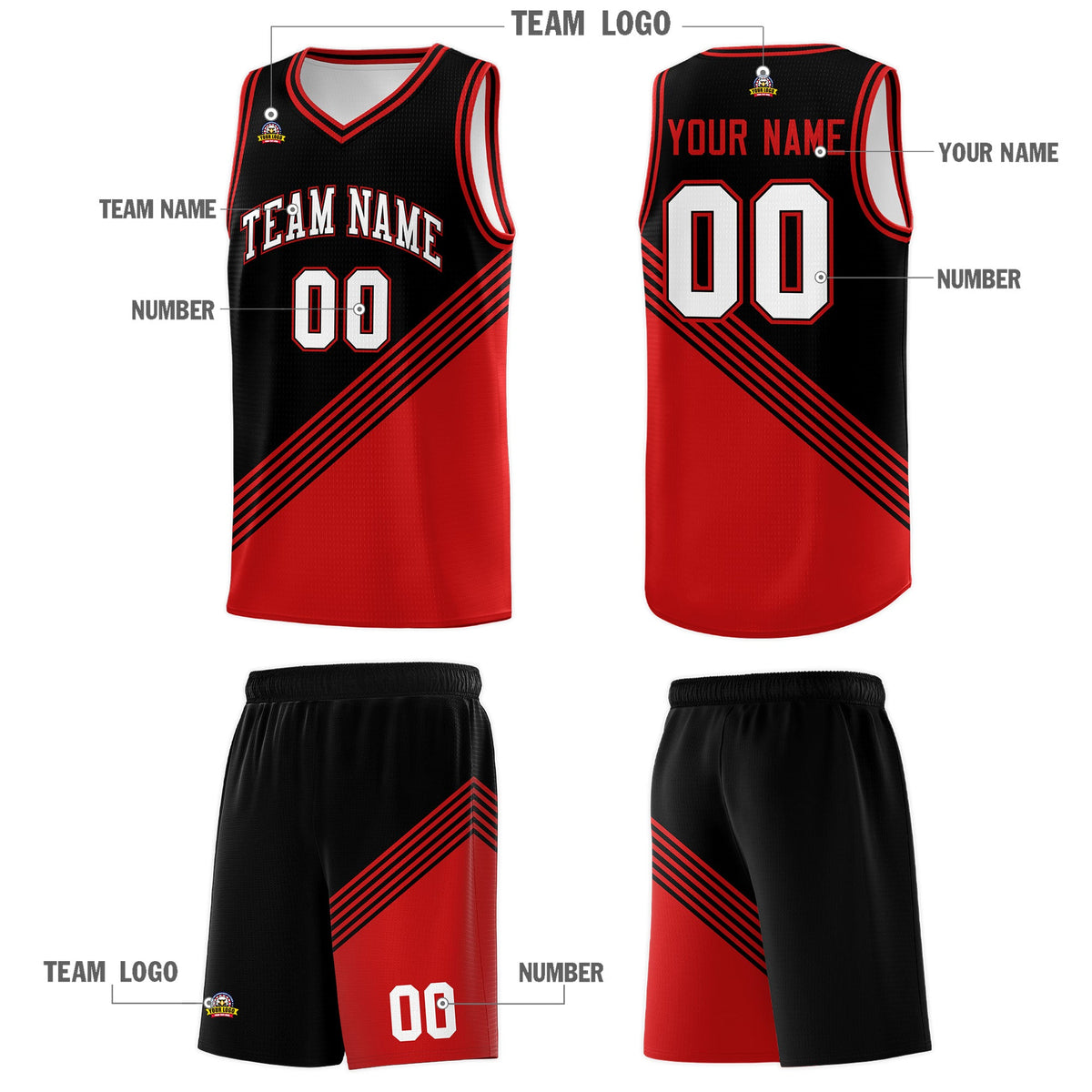 Custom Black Red Diagonal Stripes Color Block Sets Basketball Jersey | For Men,For Youth,Sublimation Printed,Perfect for Training,Perfect for Teams | KXKSHOP