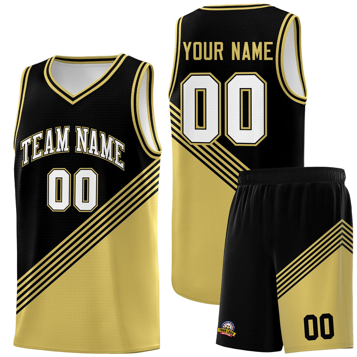 Custom Black Old Gold Diagonal Stripes Color Block Sets Basketball Jersey | For Men,For Youth,Sublimation Printed,Perfect for Training,Perfect for Teams | KXKSHOP