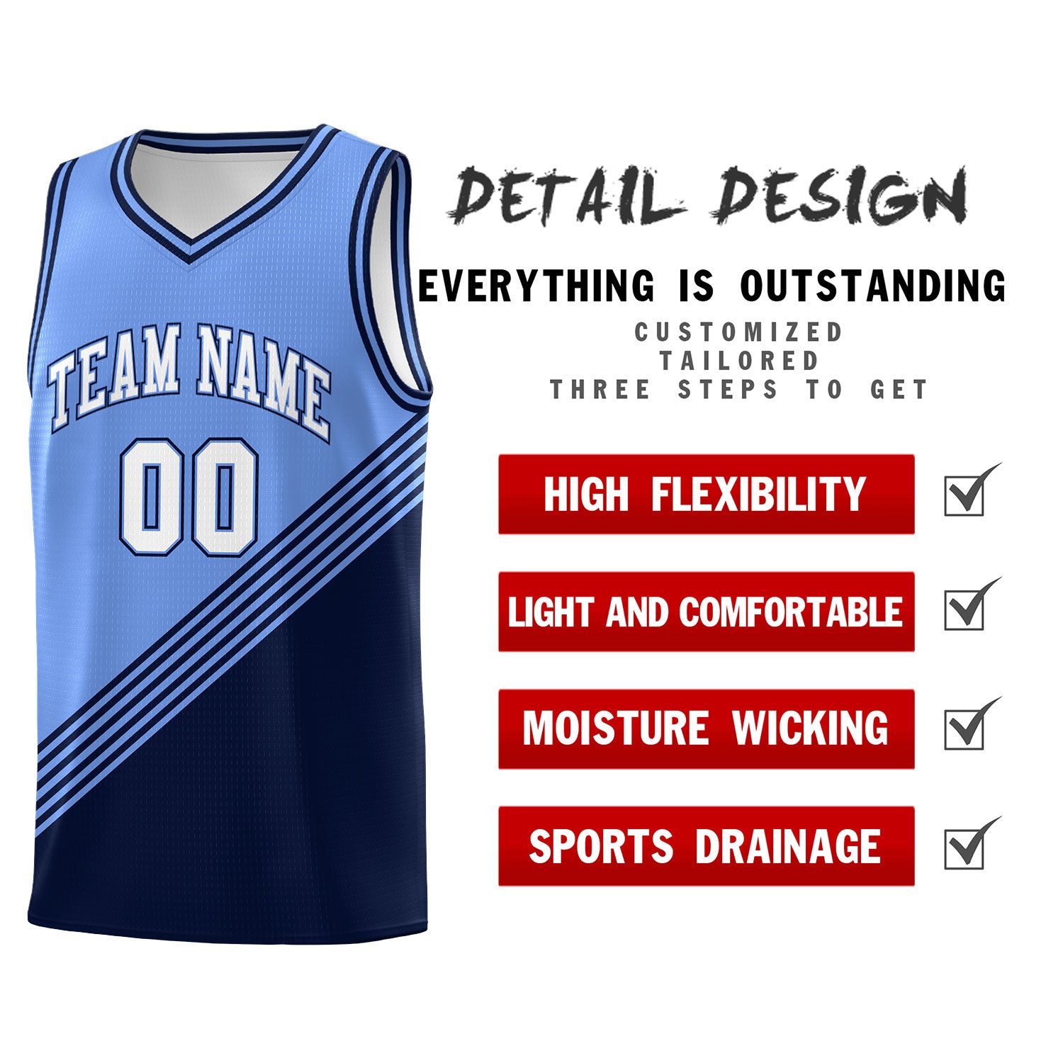 Custom Light Blue Navy Diagonal Stripes Color Block Sets Basketball Jersey | For Men,For Youth,Sublimation Printed,Perfect for Training,Perfect for Teams | KXKSHOP