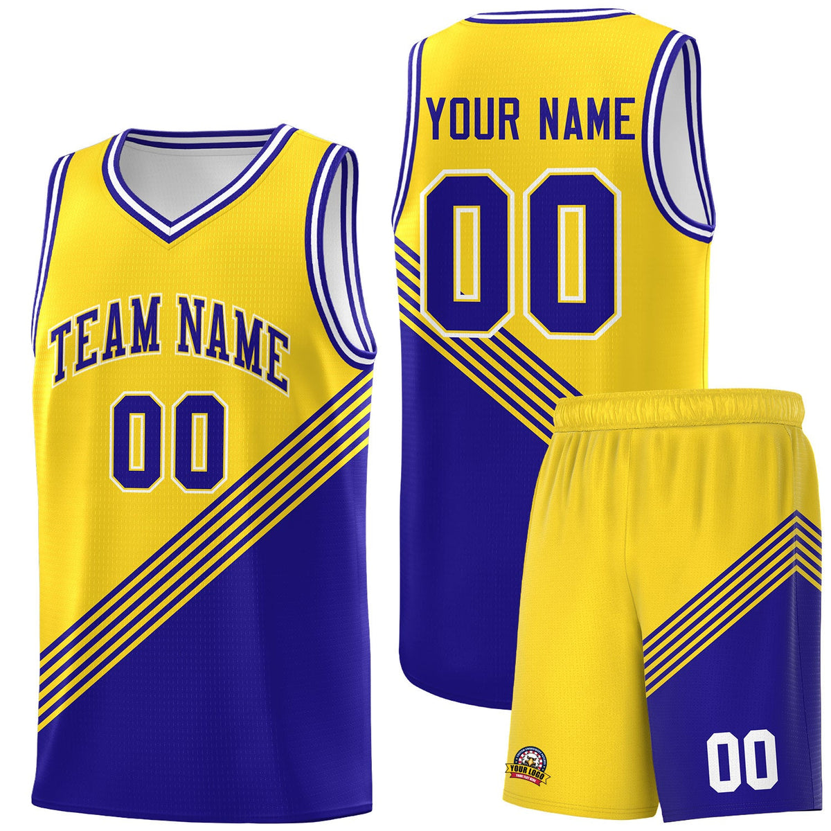 Custom Gold Royal Blue White Diagonal Stripes Color Block Sets Basketball Jersey | For Men,For Youth,Sublimation Printed,Perfect for Training,Perfect for Teams | KXKSHOP