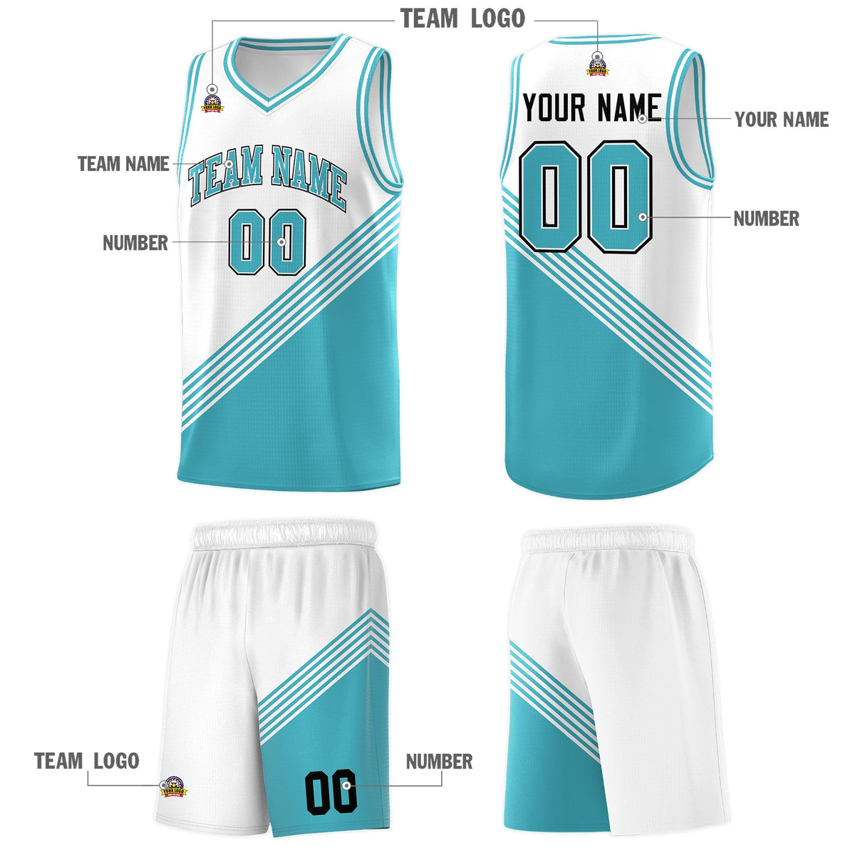 Custom White Sky Blue Diagonal Stripes Color Block Sets Basketball Jersey | For Men,For Youth,Sublimation Printed,Perfect for Training,Perfect for Teams | KXKSHOP