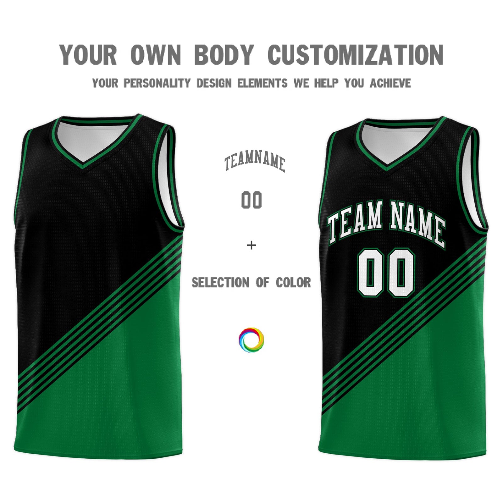 Custom Black Kelly Green Diagonal Stripes Color Block Sets Basketball Jersey | For Men,For Youth,Sublimation Printed,Perfect for Training,Perfect for Teams | KXKSHOP