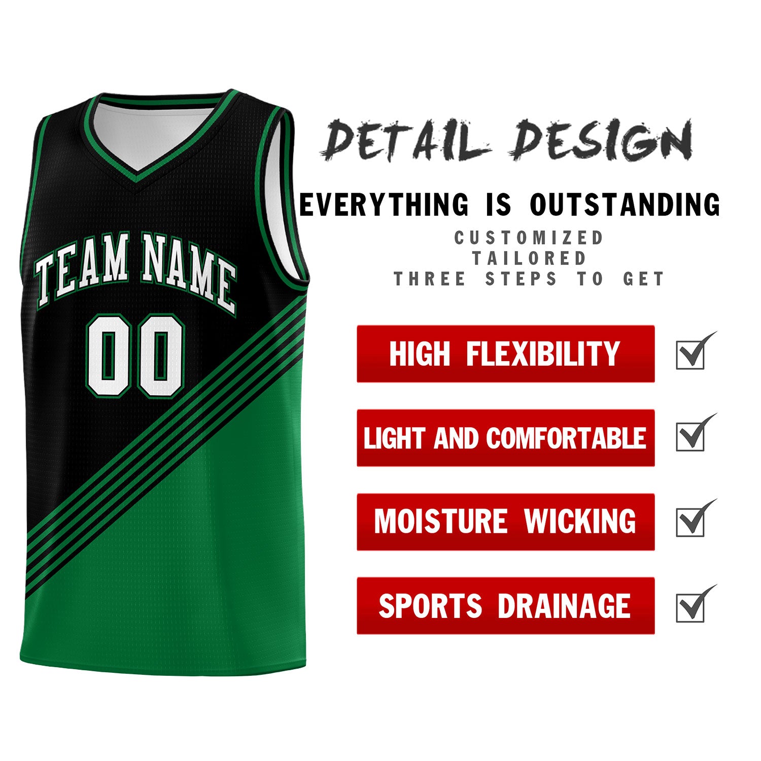 Custom Black Kelly Green Diagonal Stripes Color Block Sets Basketball Jersey | For Men,For Youth,Sublimation Printed,Perfect for Training,Perfect for Teams | KXKSHOP