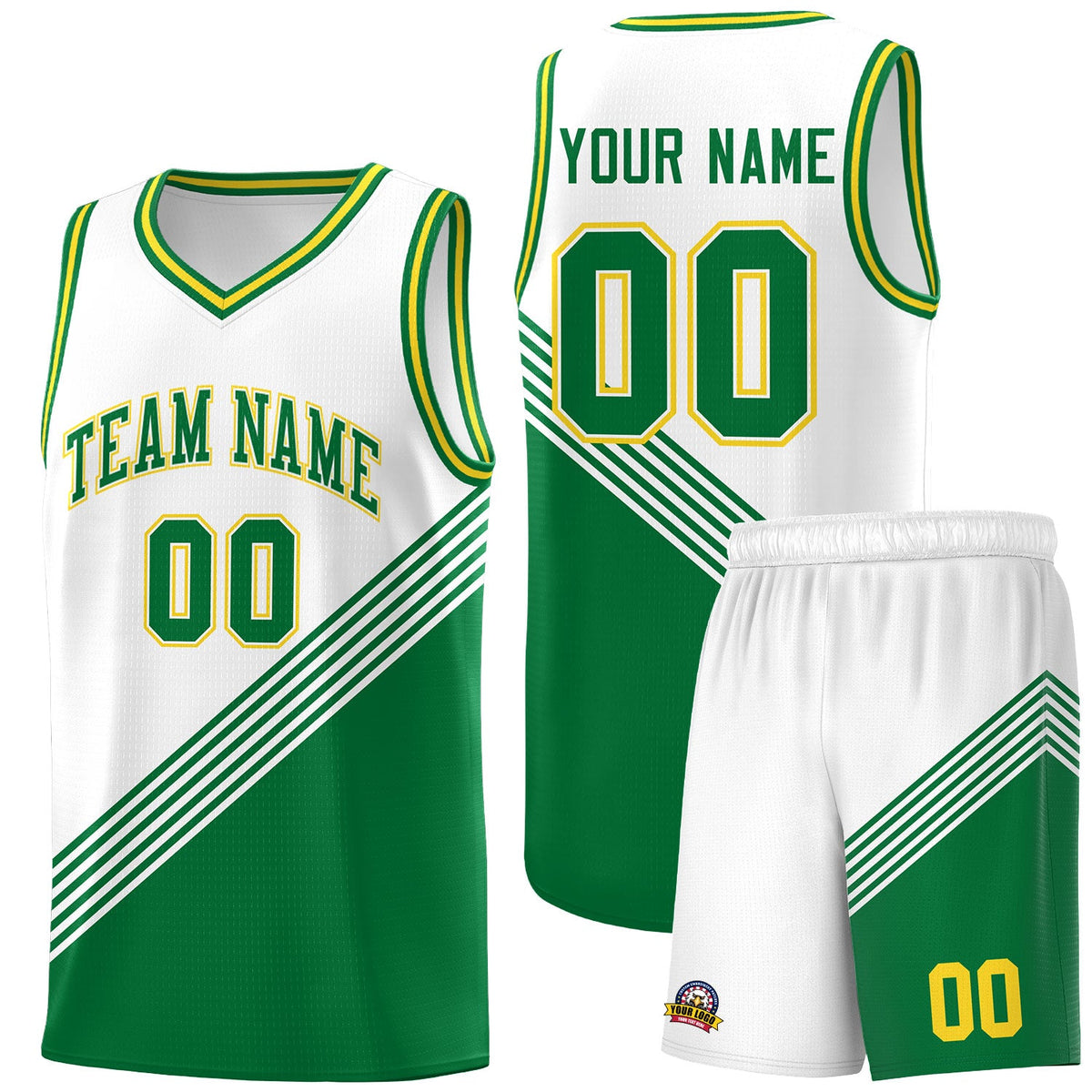 Custom White Kelly Green Gold Diagonal Stripes Color Block Sets Basketball Jersey | For Men,For Youth,Sublimation Printed,Perfect for Training,Perfect for Teams | KXKSHOP