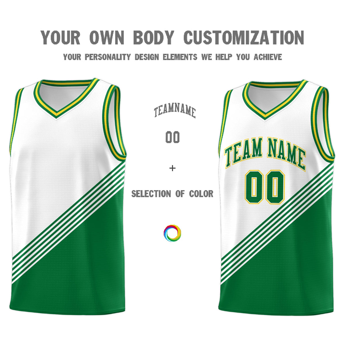 Custom White Kelly Green Gold Diagonal Stripes Color Block Sets Basketball Jersey | For Men,For Youth,Sublimation Printed,Perfect for Training,Perfect for Teams | KXKSHOP