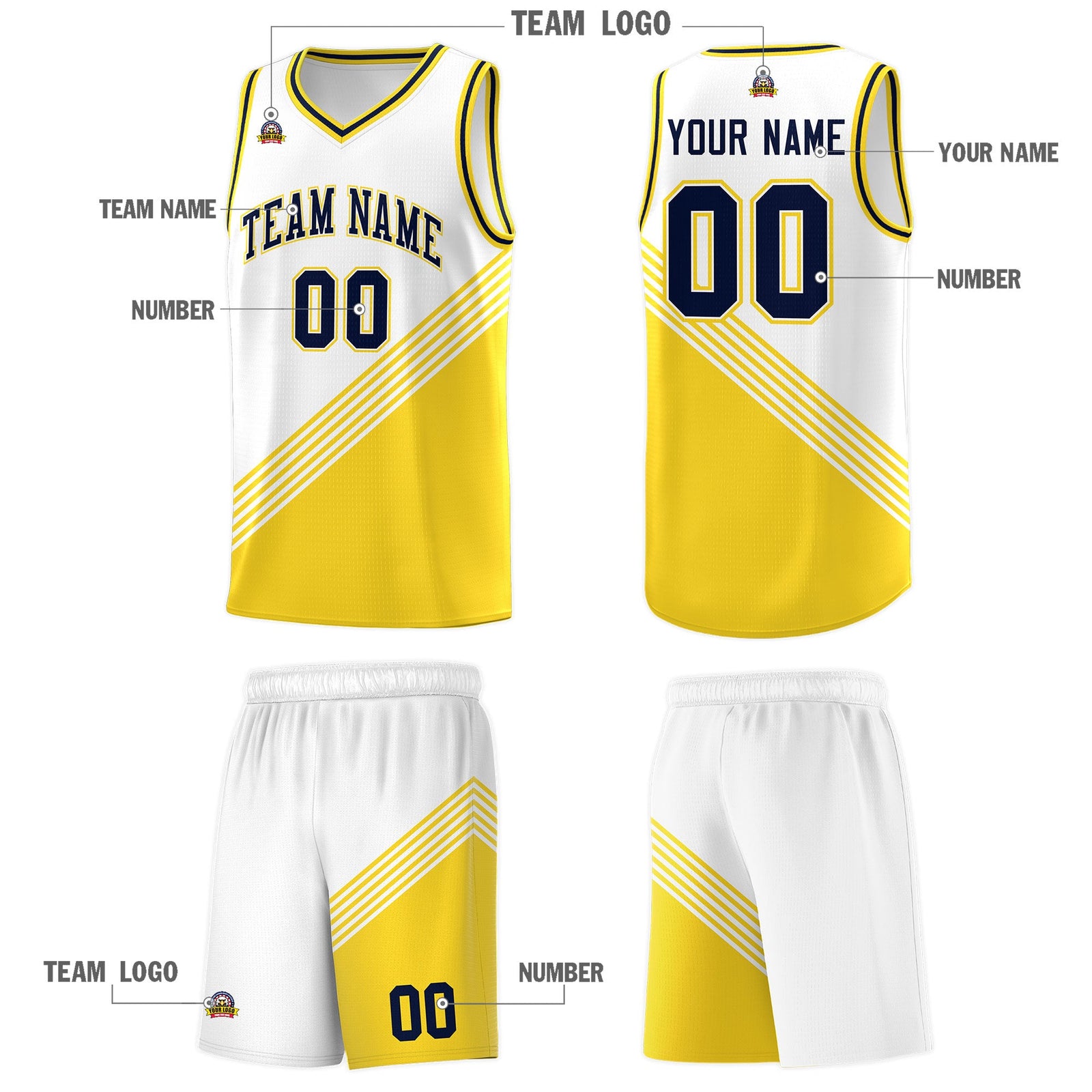 Custom White Gold Navy Diagonal Stripes Color Block Sets Basketball Jersey | For Men,For Youth,Sublimation Printed,Perfect for Training,Perfect for Teams | KXKSHOP