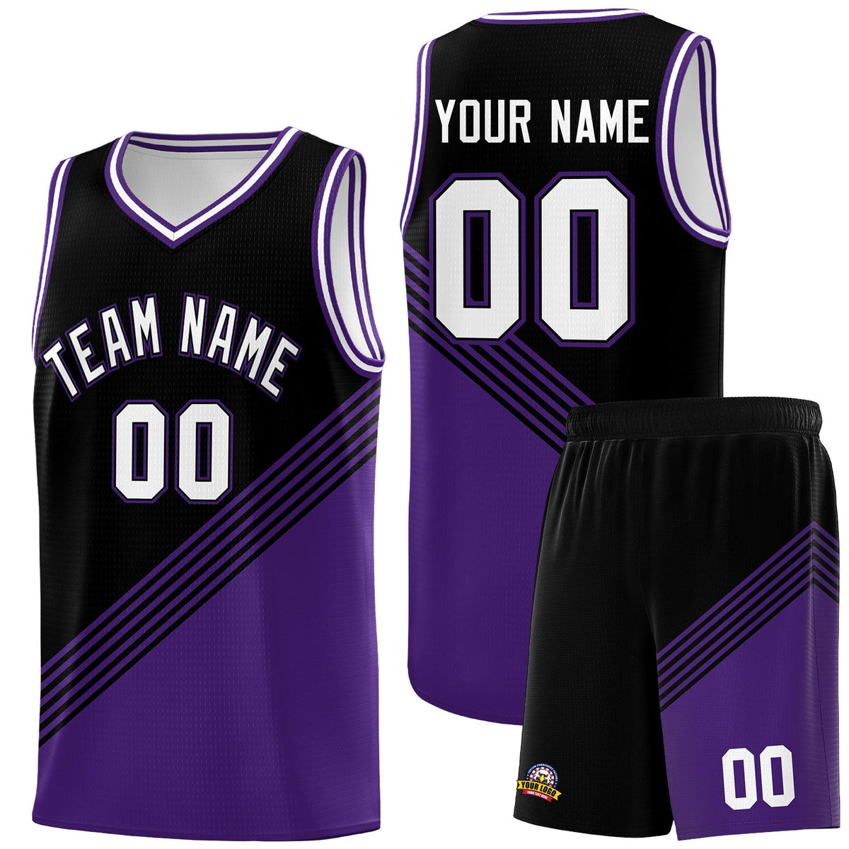 Custom Black Purple White Diagonal Stripes Color Block Sets Basketball Jersey | For Men,For Youth,Sublimation Printed,Perfect for Training,Perfect for Teams | KXKSHOP