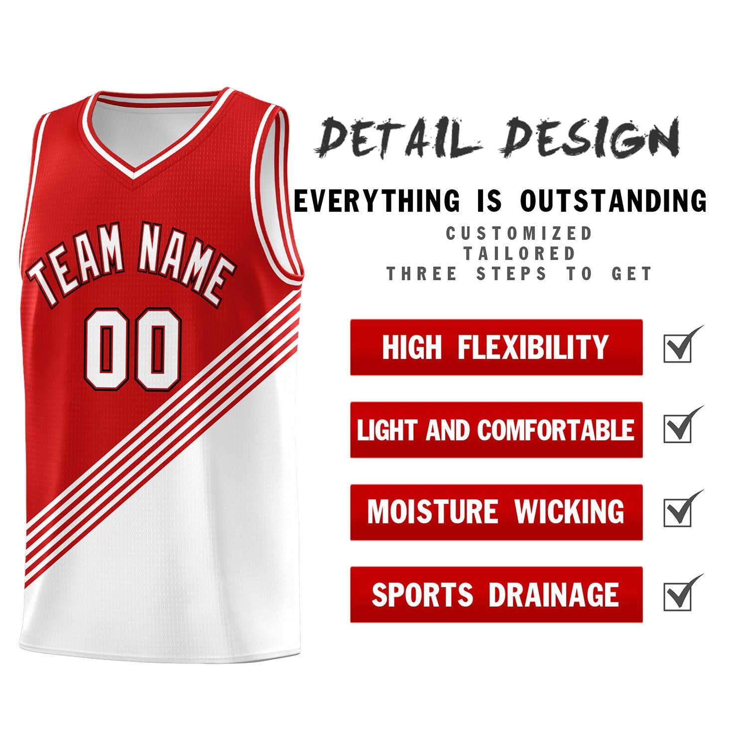 Custom Red White Diagonal Stripes Color Block Sets Basketball Jersey | For Men,For Youth,Sublimation Printed,Perfect for Training,Perfect for Teams | KXKSHOP