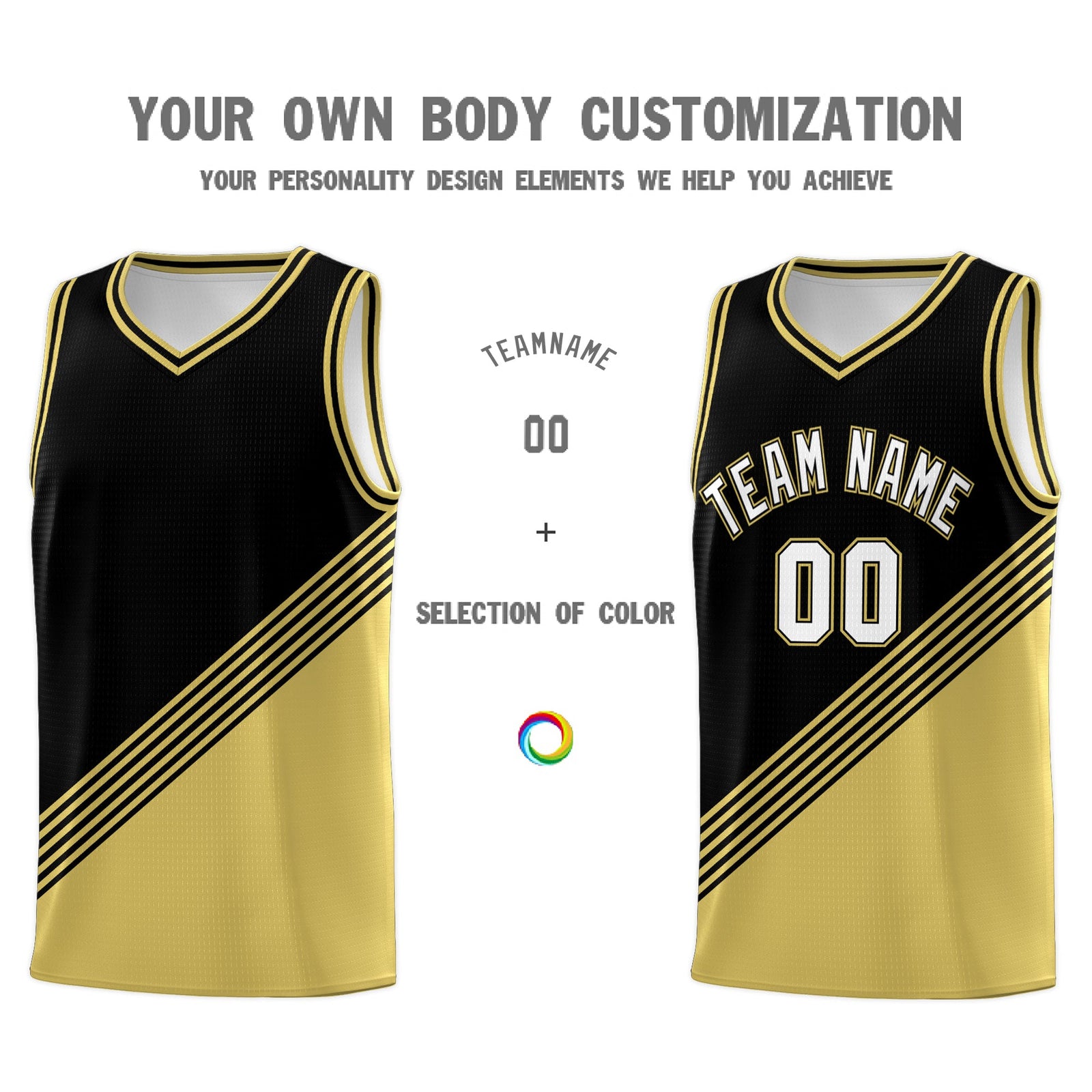 Custom Black Old Gold Diagonal Stripes Color Block Sets Basketball Jersey | For Men,For Youth,Sublimation Printed,Perfect for Training,Perfect for Teams | KXKSHOP