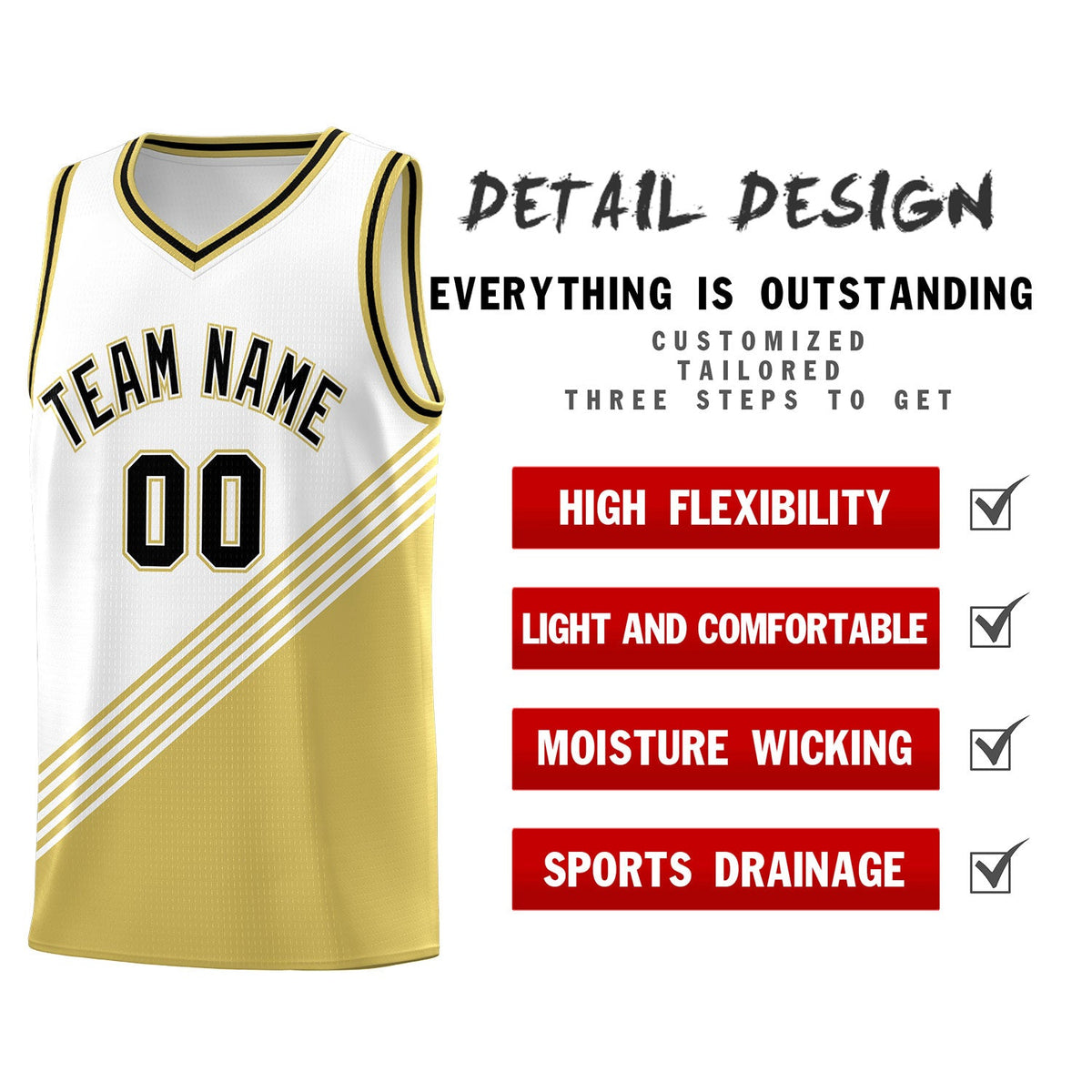 Custom White Old Gold Black Diagonal Stripes Color Block Sets Basketball Jersey | For Men,For Youth,Sublimation Printed,Perfect for Training,Perfect for Teams | KXKSHOP