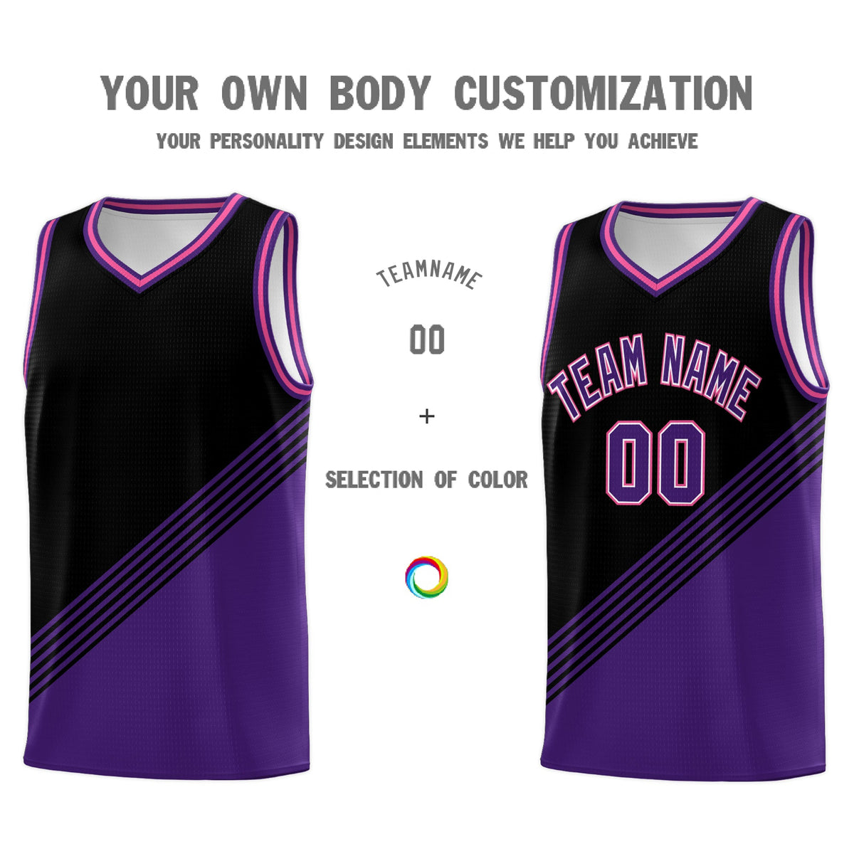 Custom Black Purple Pink Diagonal Stripes Color Block Sets Basketball Jersey | For Men,For Youth,Sublimation Printed,Perfect for Training,Perfect for Teams | KXKSHOP