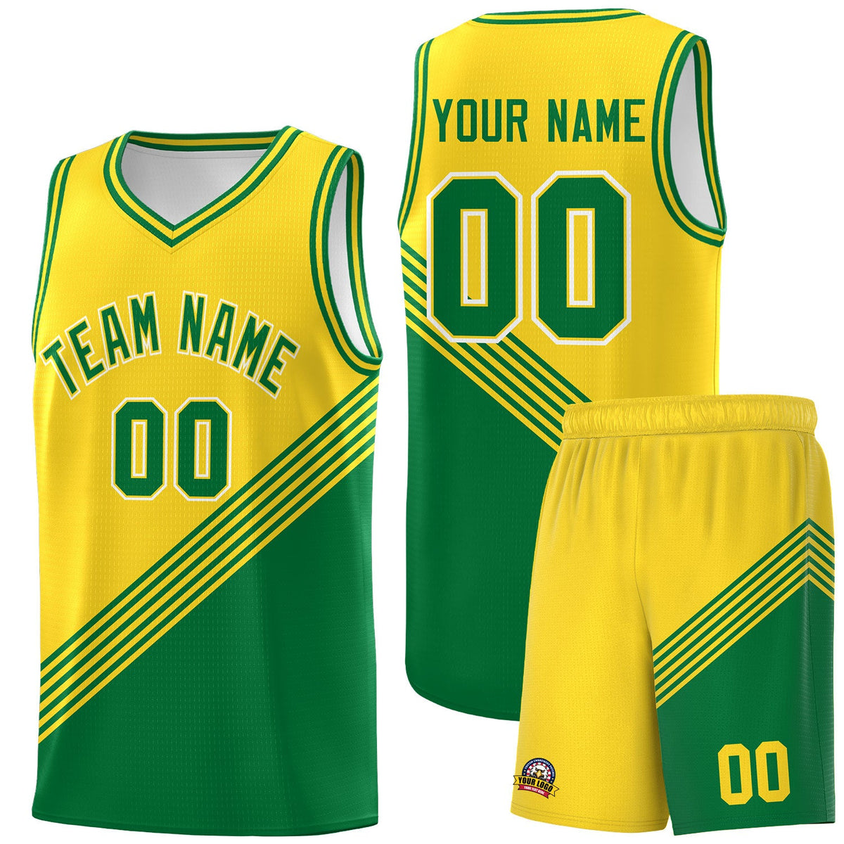 Custom Gold Kelly Green Diagonal Stripes Color Block Sets Basketball Jersey | For Men,For Youth,Sublimation Printed,Perfect for Training,Perfect for Teams | KXKSHOP