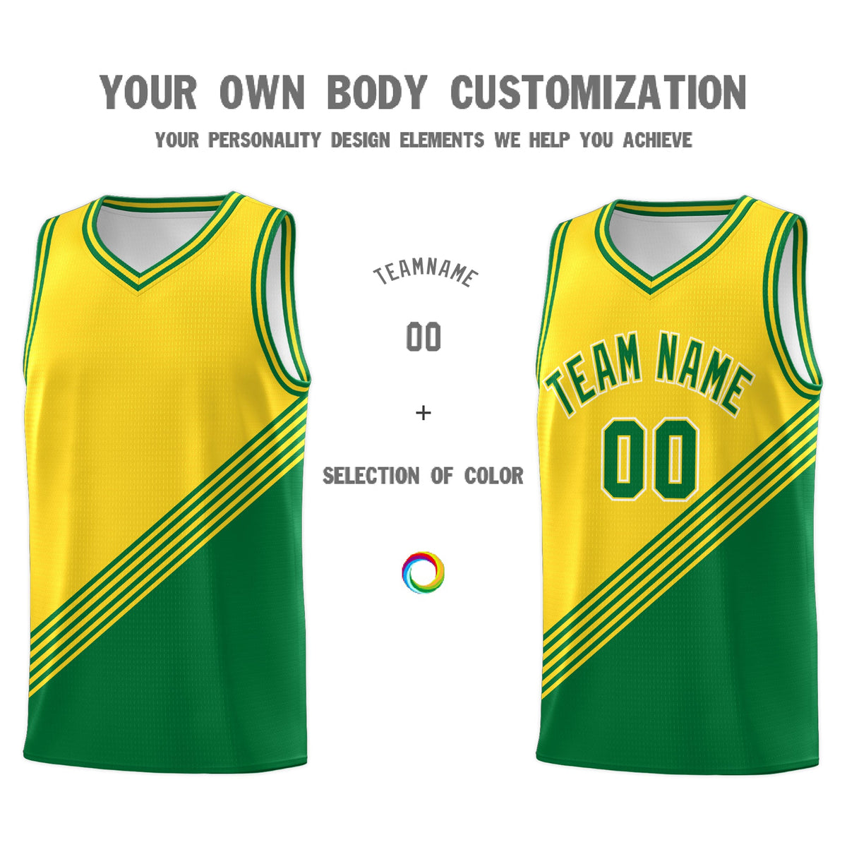 Custom Gold Kelly Green Diagonal Stripes Color Block Sets Basketball Jersey | For Men,For Youth,Sublimation Printed,Perfect for Training,Perfect for Teams | KXKSHOP