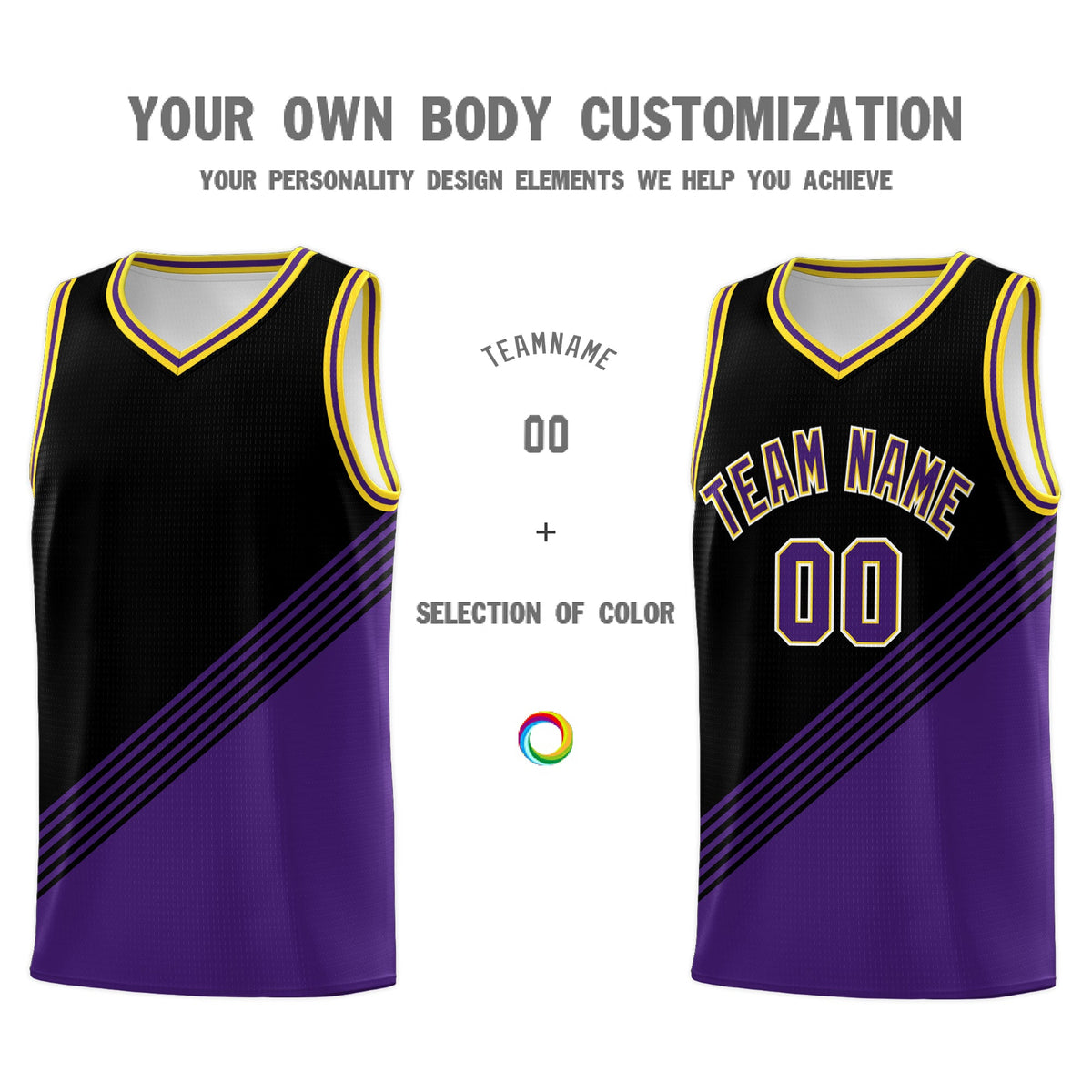 Custom Black Purple Gold Diagonal Stripes Color Block Sets Basketball Jersey | For Men,For Youth,Sublimation Printed,Perfect for Training,Perfect for Teams | KXKSHOP