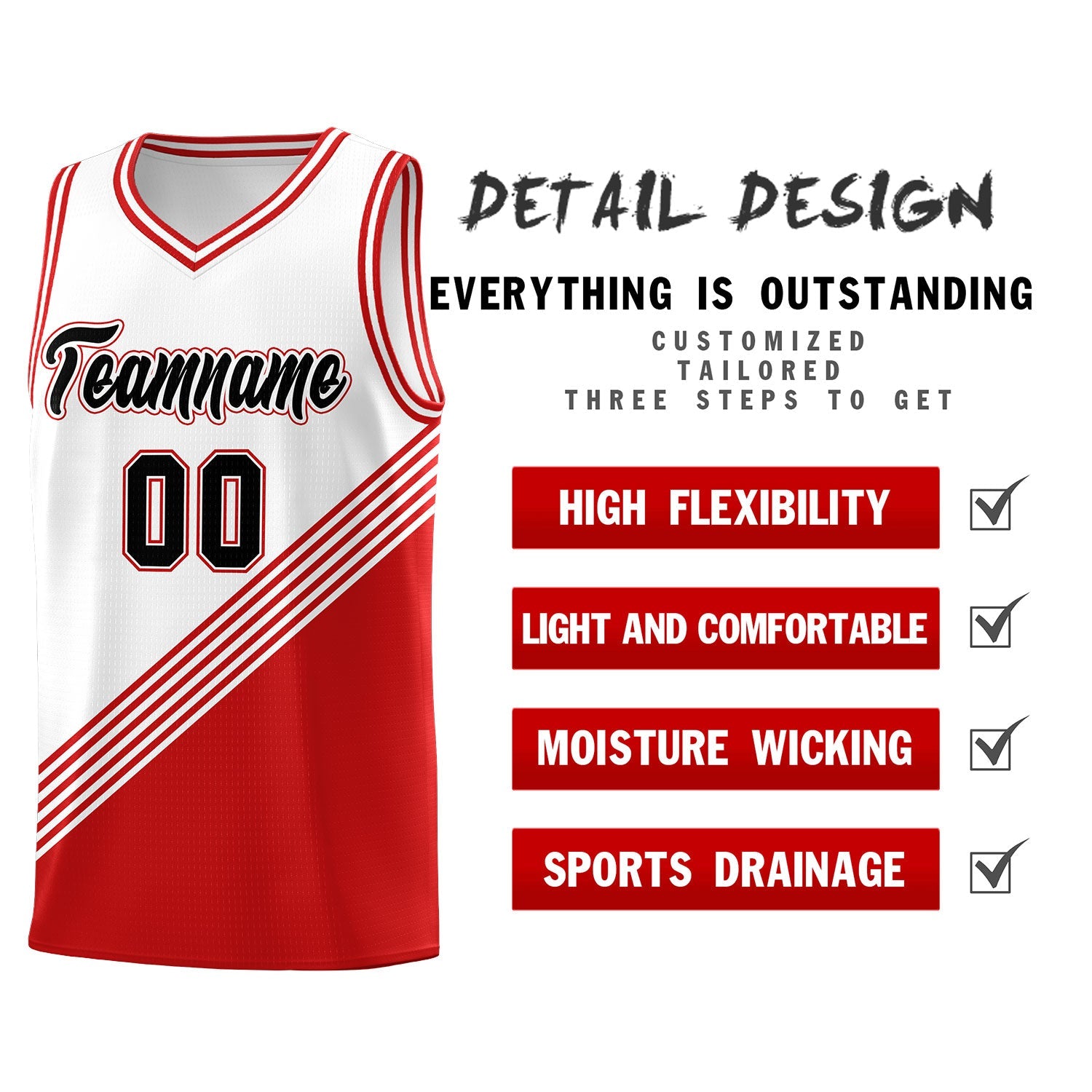 Custom White Red Diagonal Stripes Color Block Sets Basketball Jersey | For Men,For Youth,Sublimation Printed,Perfect for Training,Perfect for Teams | KXKSHOP