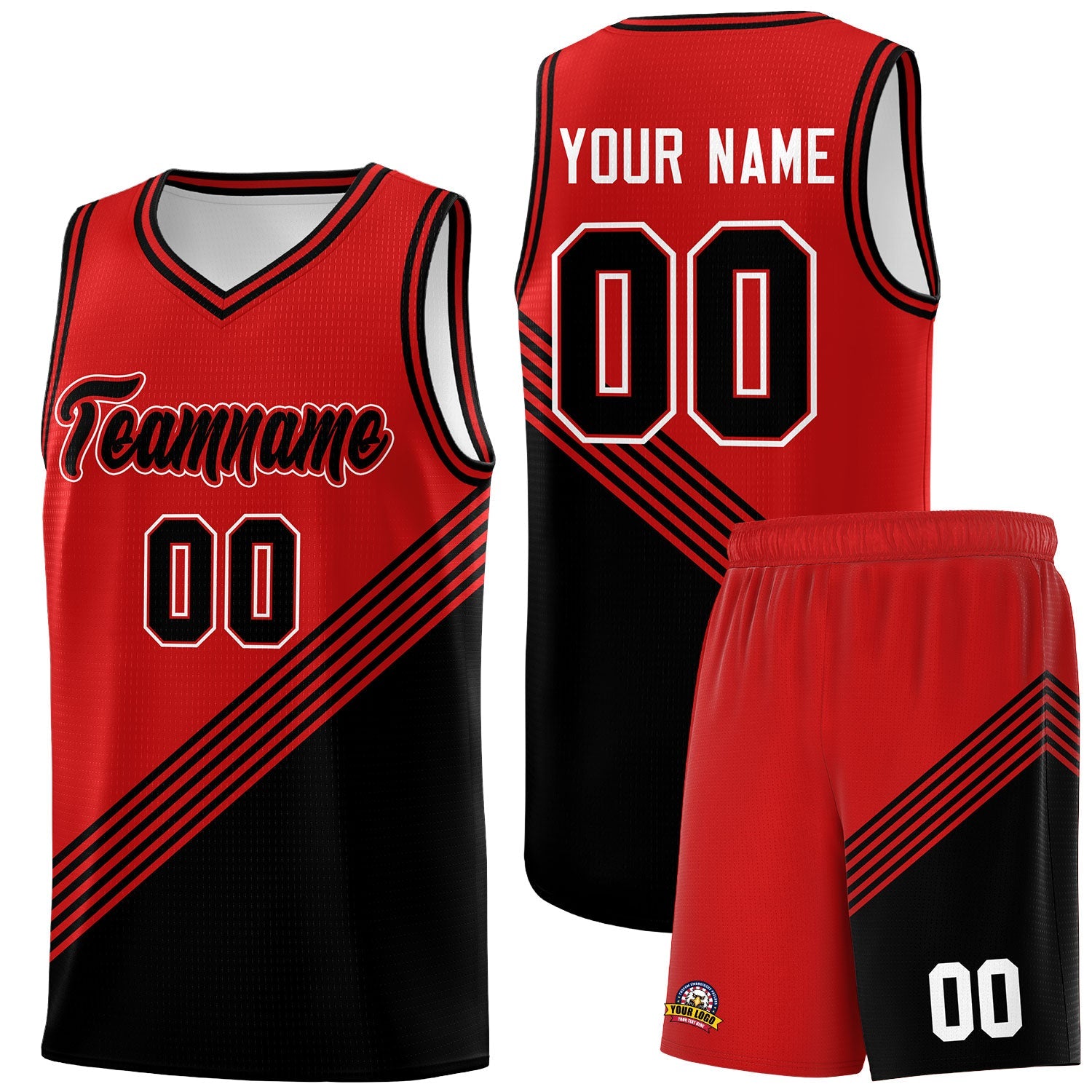 Custom Red Black Diagonal Stripes Color Block Sets Basketball Jersey | For Men,For Youth,Sublimation Printed,Perfect for Training,Perfect for Teams | KXKSHOP