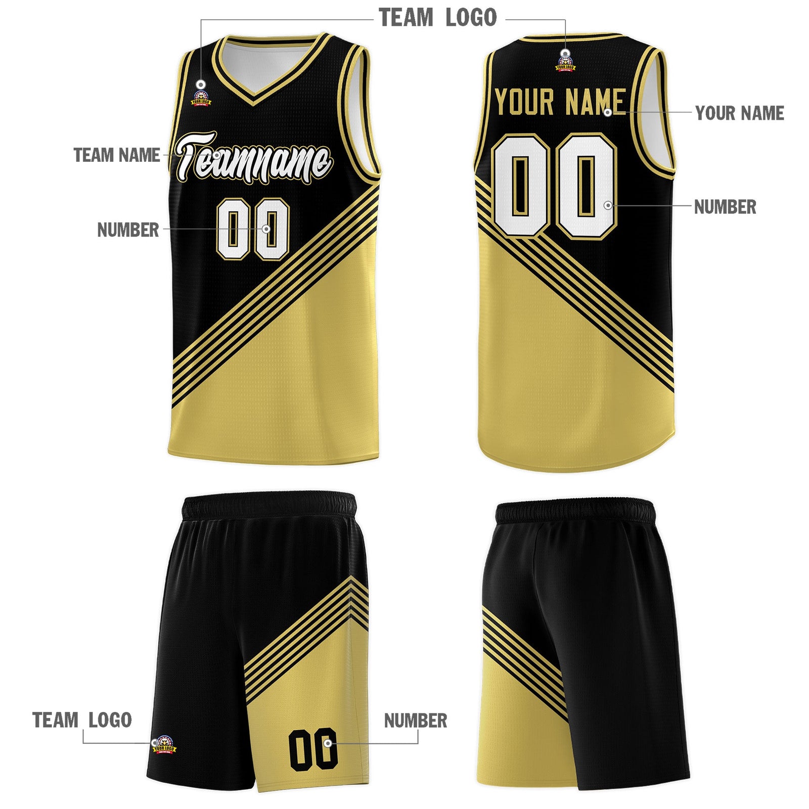 Custom Black Old Gold Diagonal Stripes Color Block Sets Basketball Jersey | For Men,For Youth,Sublimation Printed,Perfect for Training,Perfect for Teams | KXKSHOP