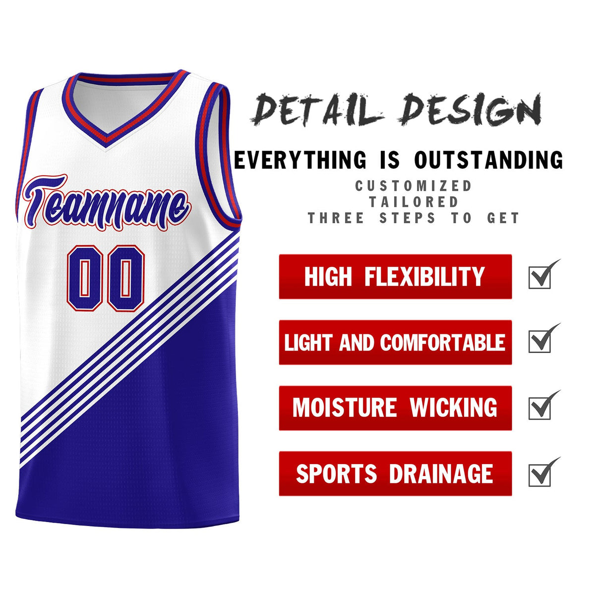 Custom White Royal Blue Red Diagonal Stripes Color Block Sets Basketball Jersey | For Men,For Youth,Sublimation Printed,Perfect for Training,Perfect for Teams | KXKSHOP