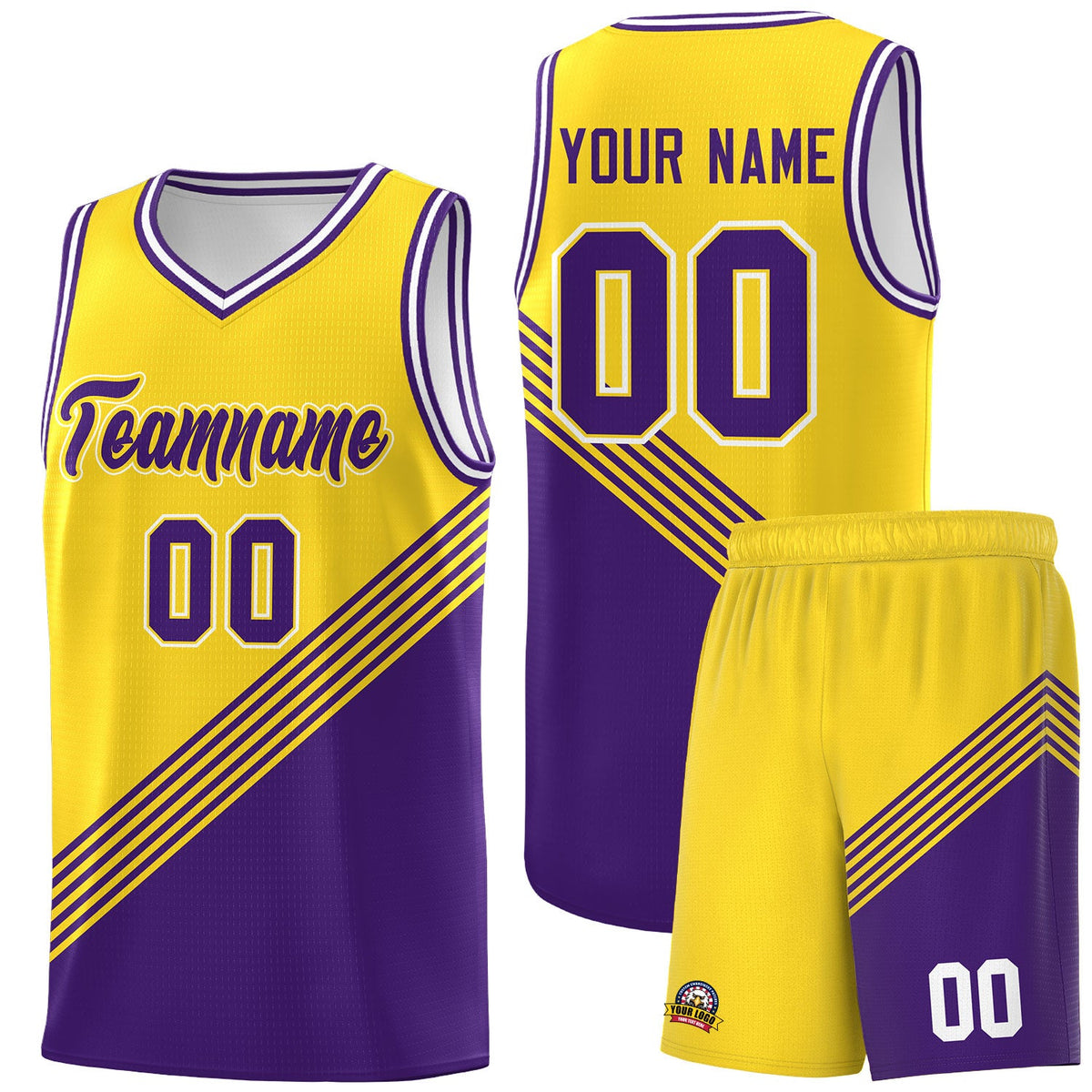 Custom Gold Purple White Diagonal Stripes Color Block Sets Basketball Jersey | For Men,For Youth,Sublimation Printed,Perfect for Training,Perfect for Teams | KXKSHOP