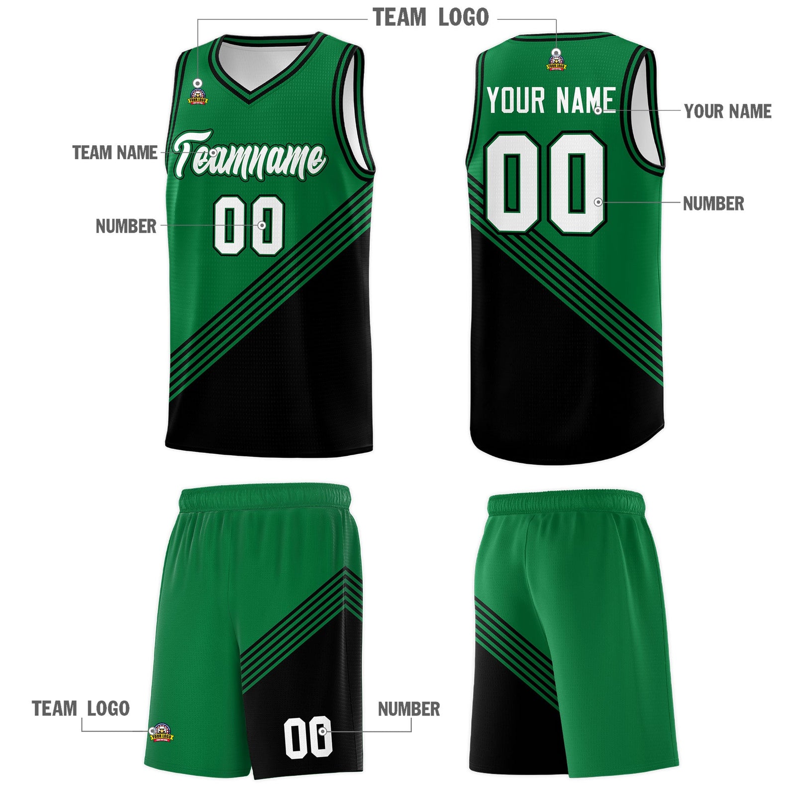 Custom Kelly Green Black Diagonal Stripes Color Block Sets Basketball Jersey | For Men,For Youth,Sublimation Printed,Perfect for Training,Perfect for Teams | KXKSHOP