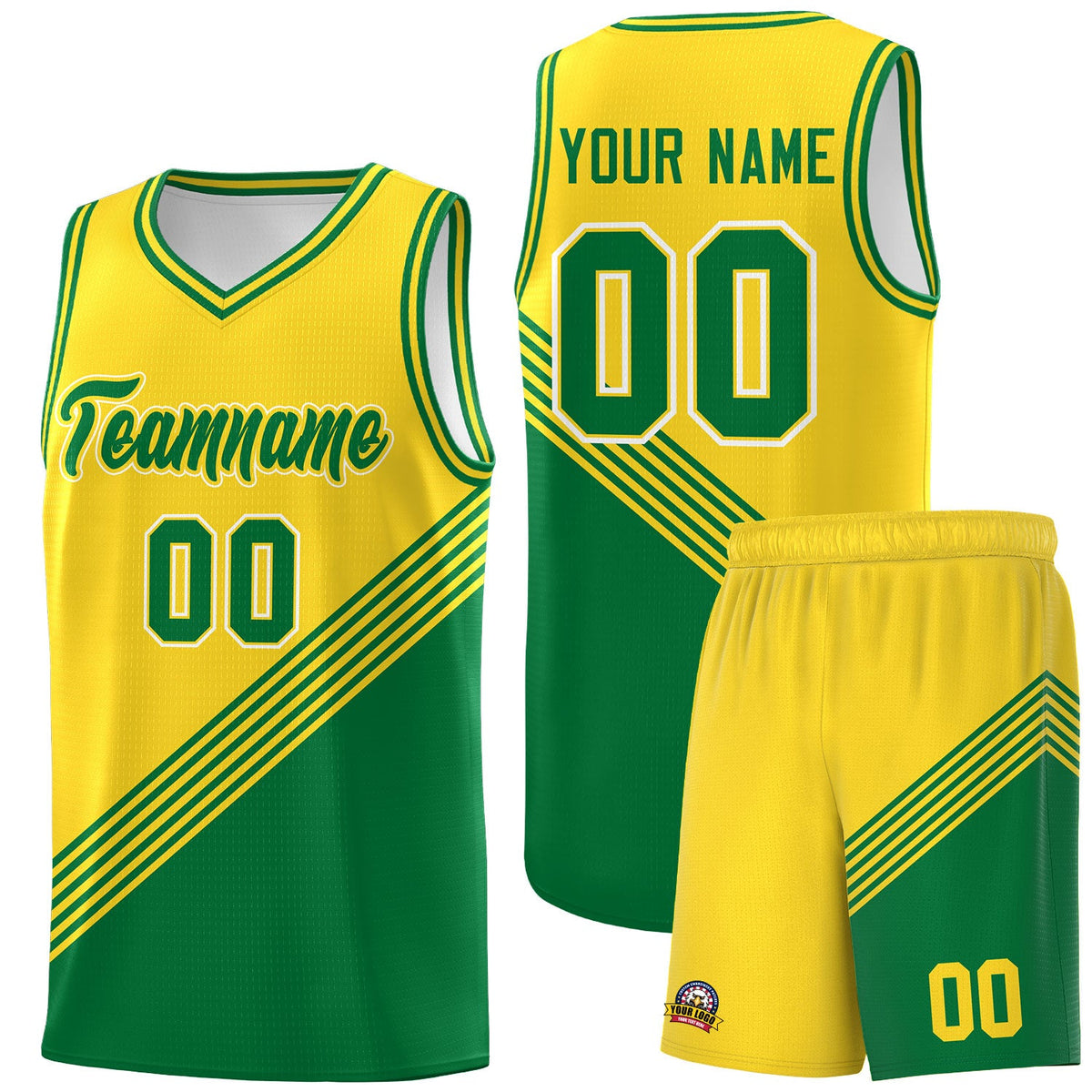 Custom Gold Kelly Green Diagonal Stripes Color Block Sets Basketball Jersey | For Men,For Youth,Sublimation Printed,Perfect for Training,Perfect for Teams | KXKSHOP