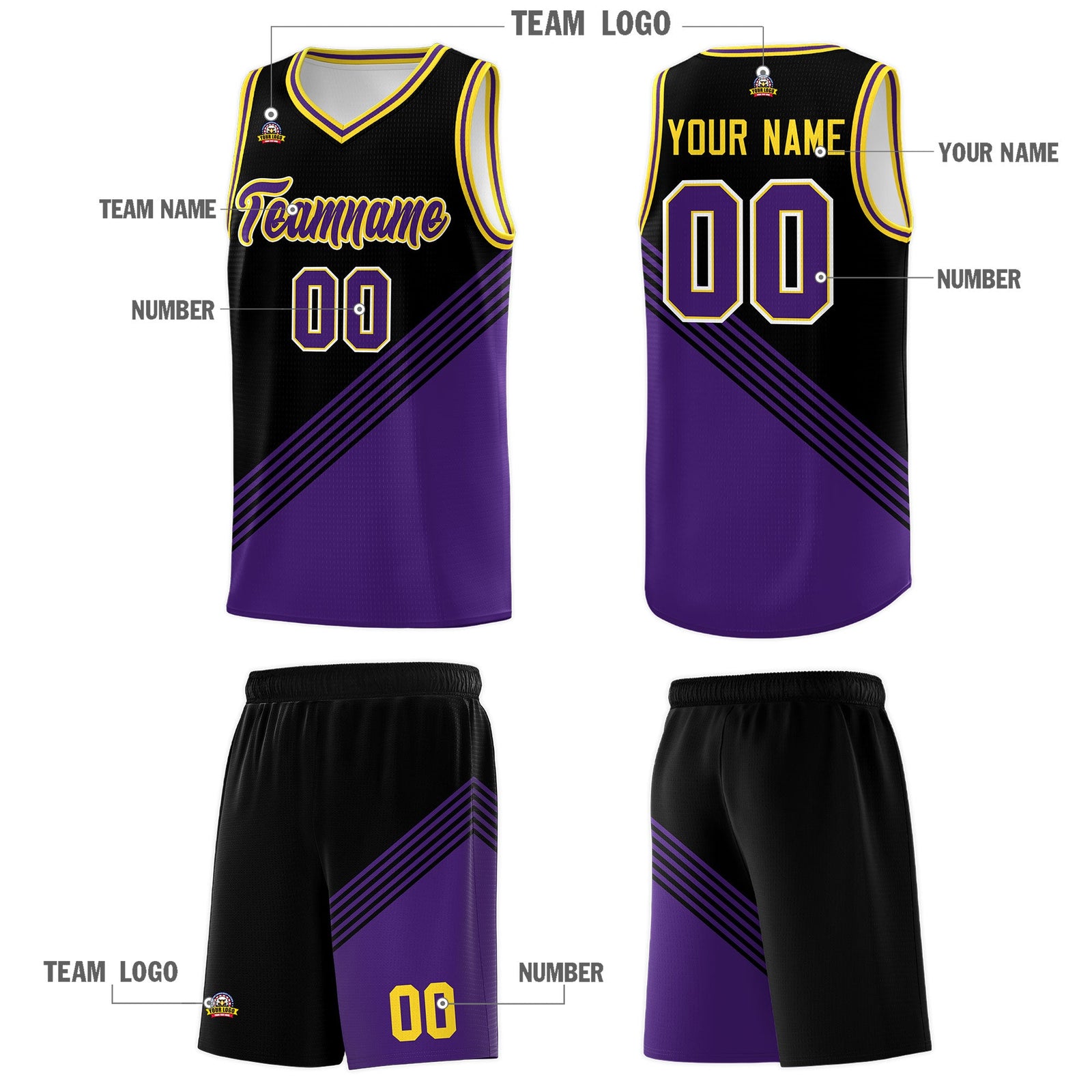 Custom Black Purple Gold Diagonal Stripes Color Block Sets Basketball Jersey | For Men,For Youth,Sublimation Printed,Perfect for Training,Perfect for Teams | KXKSHOP