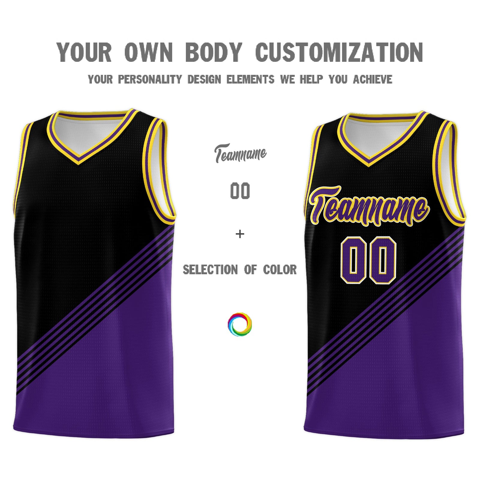 Custom Black Purple Gold Diagonal Stripes Color Block Sets Basketball Jersey | For Men,For Youth,Sublimation Printed,Perfect for Training,Perfect for Teams | KXKSHOP