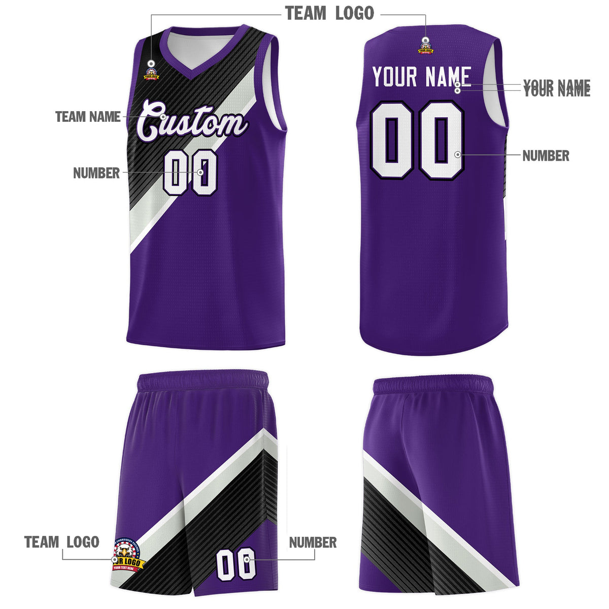 Custom Purple Black Gray Diagonal Stripes Color Block Sets Basketball Jersey | For Men,Perfect for Teams,Perfect for Coaches,Sublimation Printed,For Kid,For Youth | KXKSHOP
