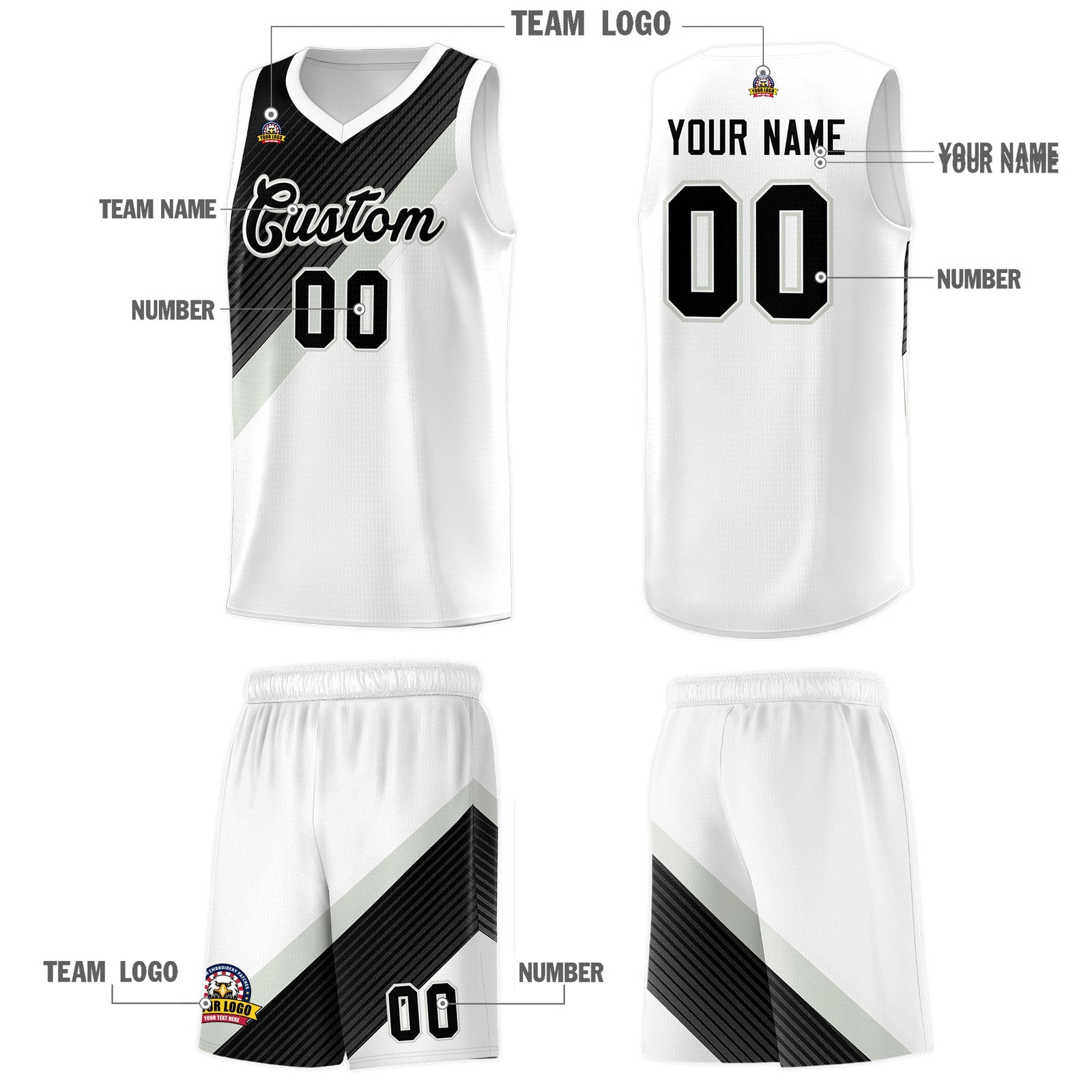 Custom White Black Gray Diagonal Stripes Color Block Sets Basketball Jersey | For Men,Perfect for Teams,Perfect for Coaches,Sublimation Printed,For Kid,For Youth | KXKSHOP