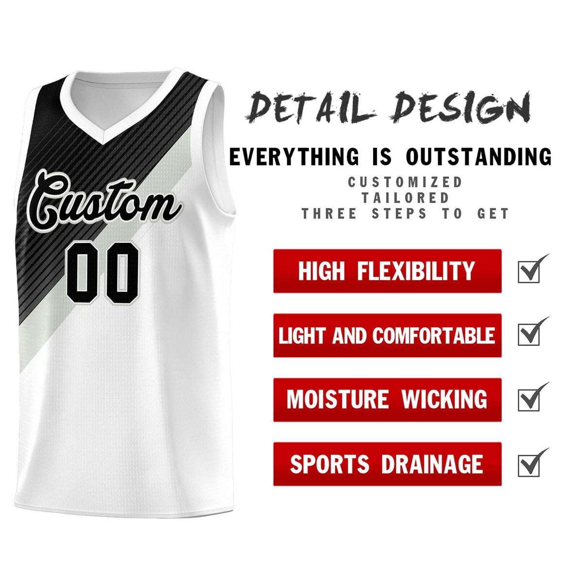 Custom White Black Gray Diagonal Stripes Color Block Sets Basketball Jersey | For Men,Perfect for Teams,Perfect for Coaches,Sublimation Printed,For Kid,For Youth | KXKSHOP