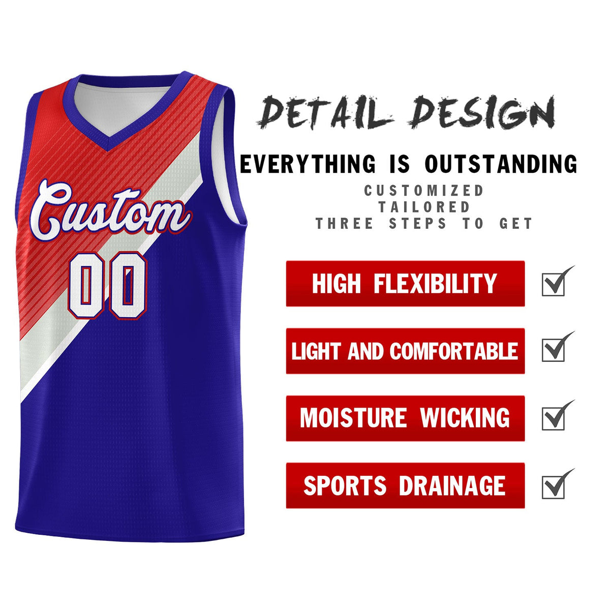 Custom Royal Red Gray Diagonal Stripes Color Block Sets Basketball Jersey | For Men,Perfect for Teams,Perfect for Coaches,Sublimation Printed,For Kid,For Youth | KXKSHOP