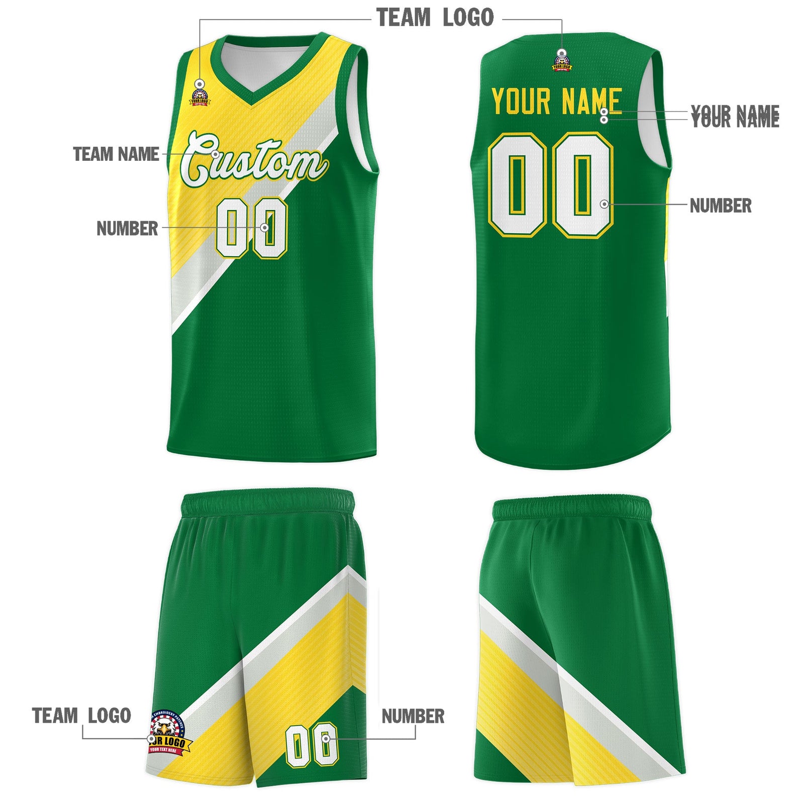 Custom Kelly Green Gray Diagonal Stripes Color Block Sets Basketball Jersey | For Men,Perfect for Teams,Perfect for Coaches,Sublimation Printed,For Kid,For Youth | KXKSHOP